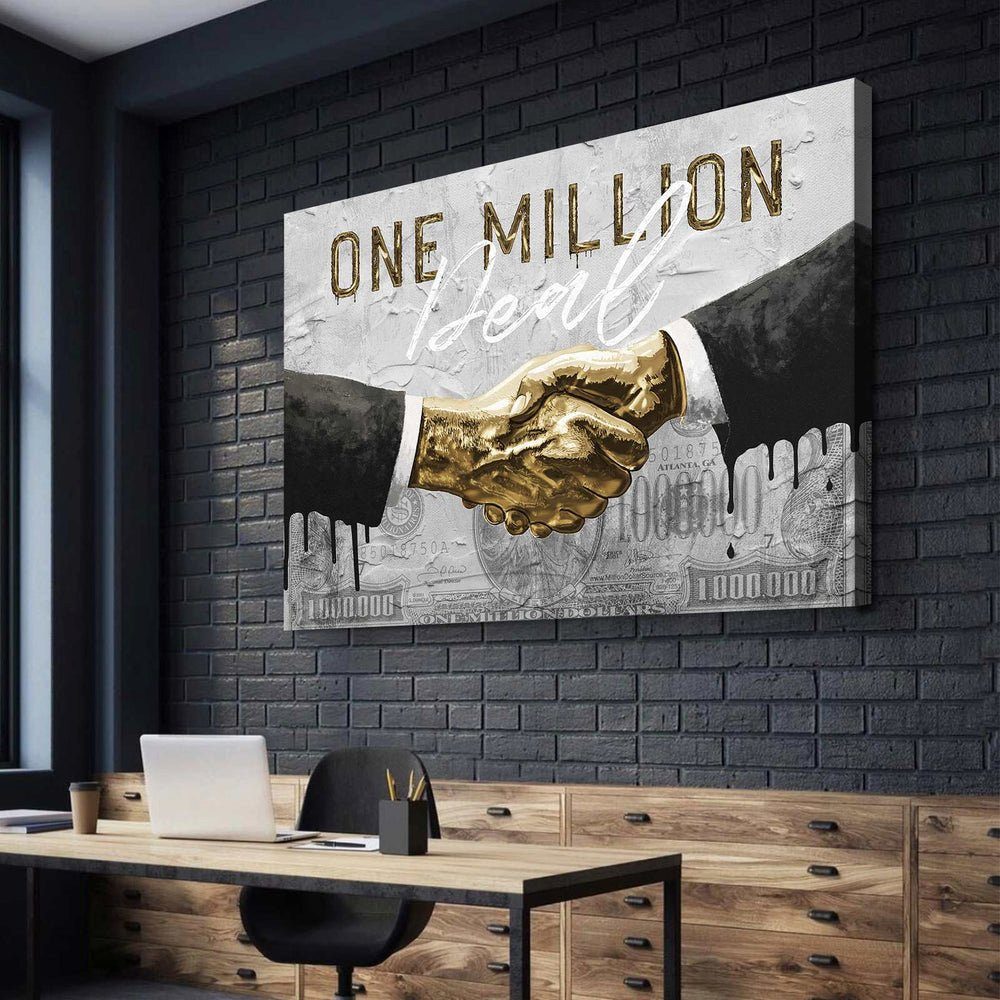 DOTCOMCANVAS® Leinwandbild, Leinwandbild deal mit one Motivation schwarz grau pr schwarzer million Rahmen gold Büro