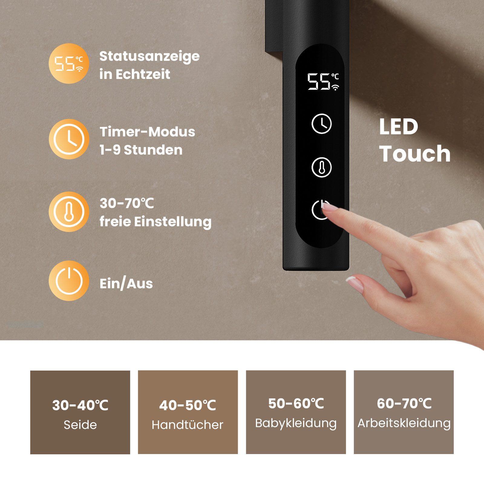 EMKE Elektrischer Badheizkörper Handtuchheizkörper, 180° drehbar, mit WLAN-, App- und Sprachsteuerung, Timer 1–24 h, 30–70 °C, IP45, FI-Schutzstecker, 76,9 × 45 – Bild 4 von 5