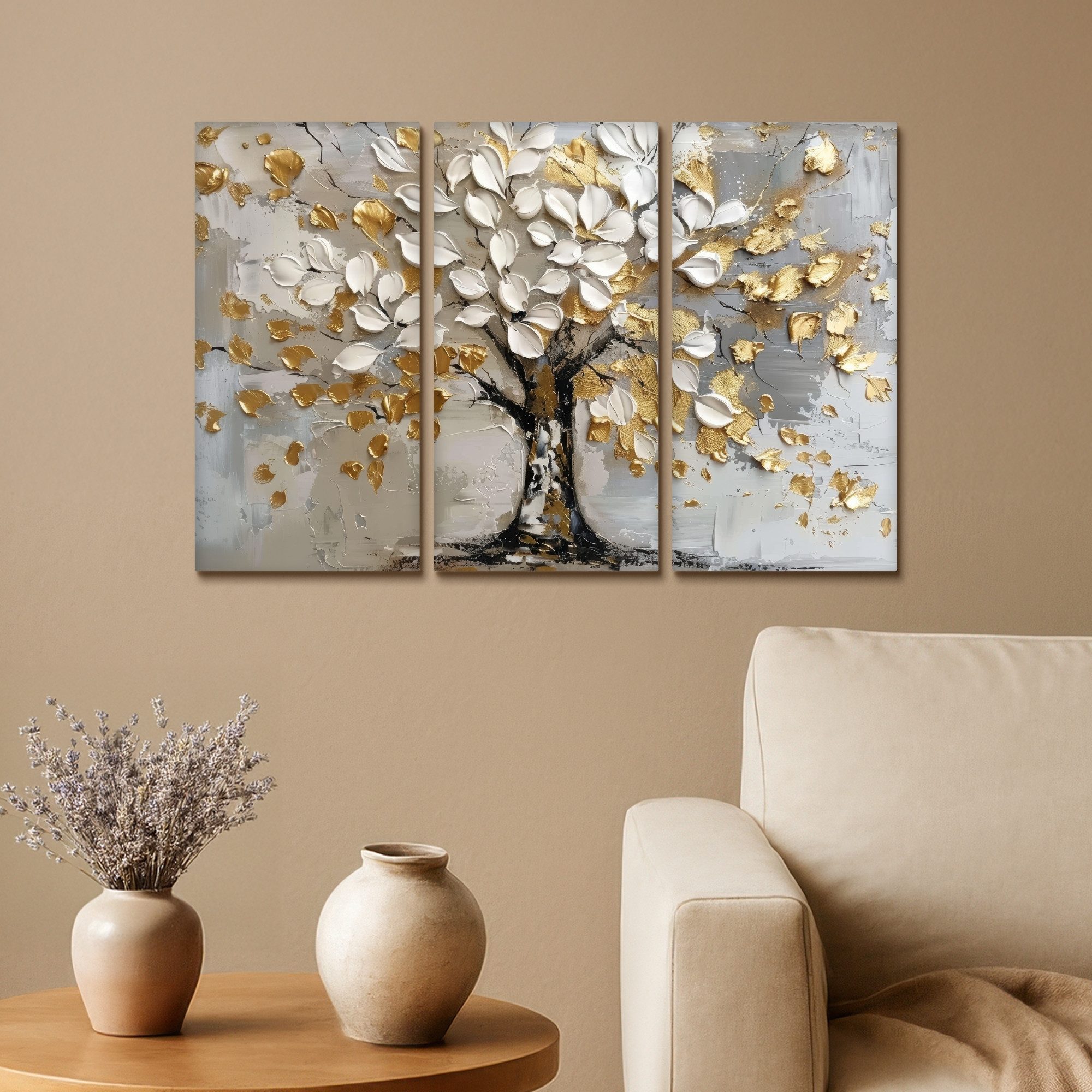 MuchoWow Leinwandbild Baum - Weiß - Gold - Lackoptik, Fotodruck (3 St), Wand Bilder 3 Set, Deko Schlafzimmer Wohnzimmer Flur 60x40 cm – Bild 2 von 5