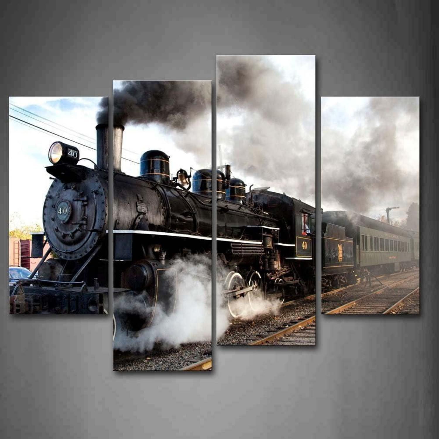 First Wall Art Mehrteilige Bilder Zug Leinwand Bilder Dampfzug Grauem Rauch Wandbild 4 Panel Auto