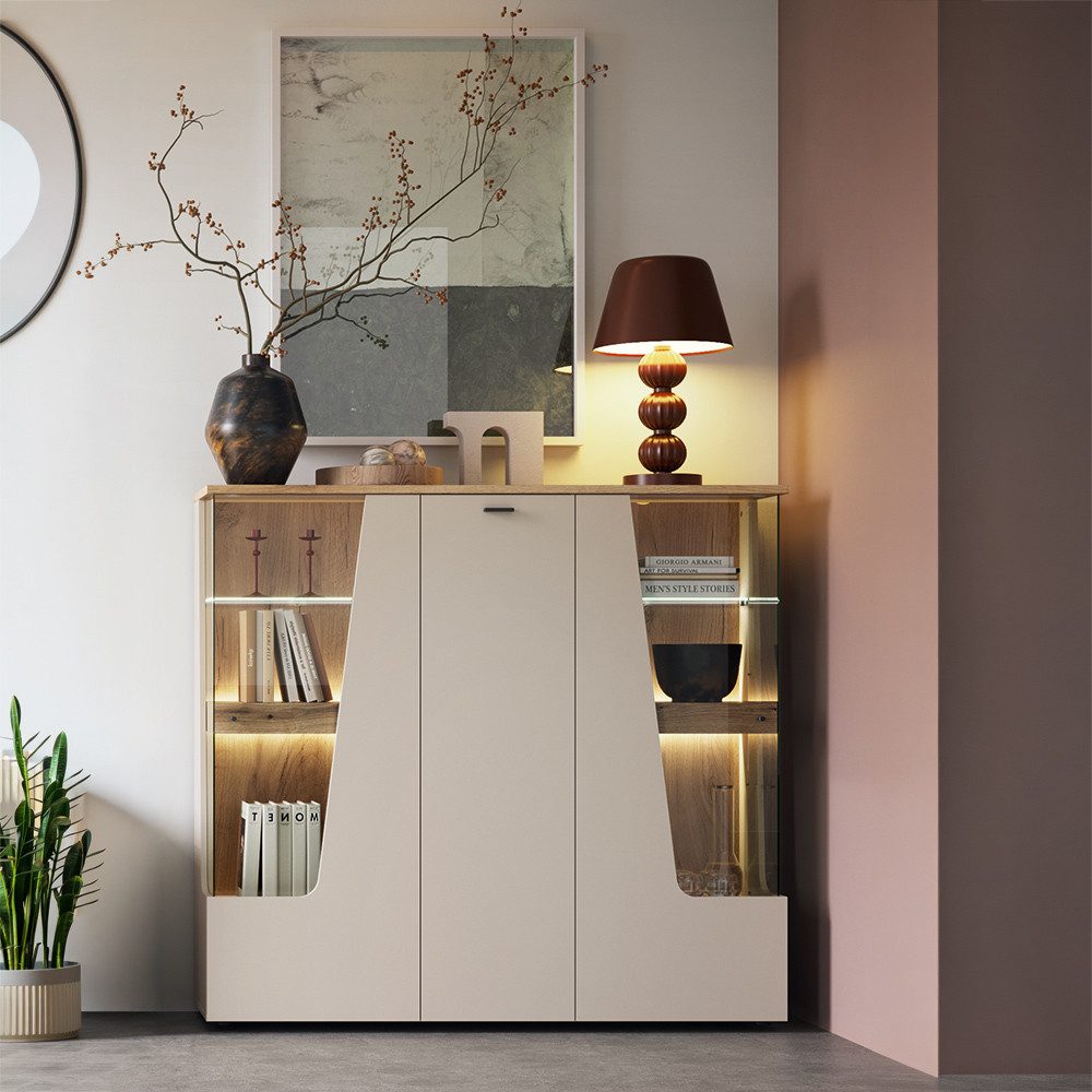 Lomadox Highboard CARMONA-129, in kaschmir und Eiche, 150 cm breit, inkl. LED-Beleuchtung