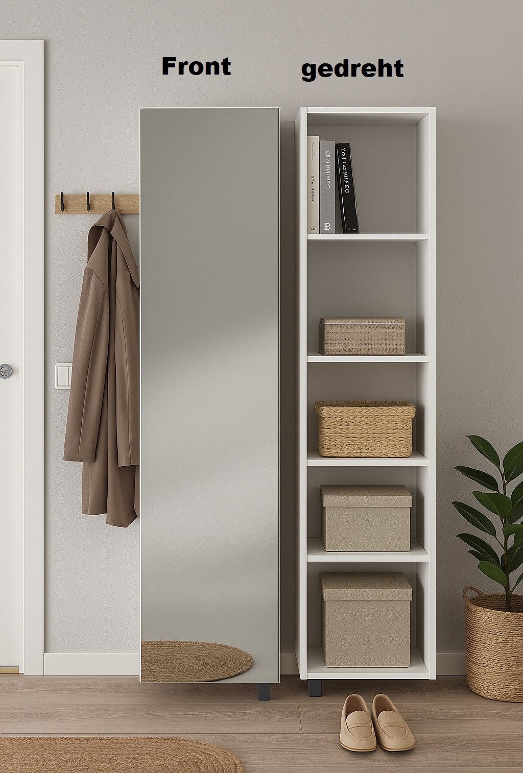 Mäusbacher Schuhschrank drehbar, 5 Fächer, in weiss / Spiegel - 34x190x27 (BxHxT)