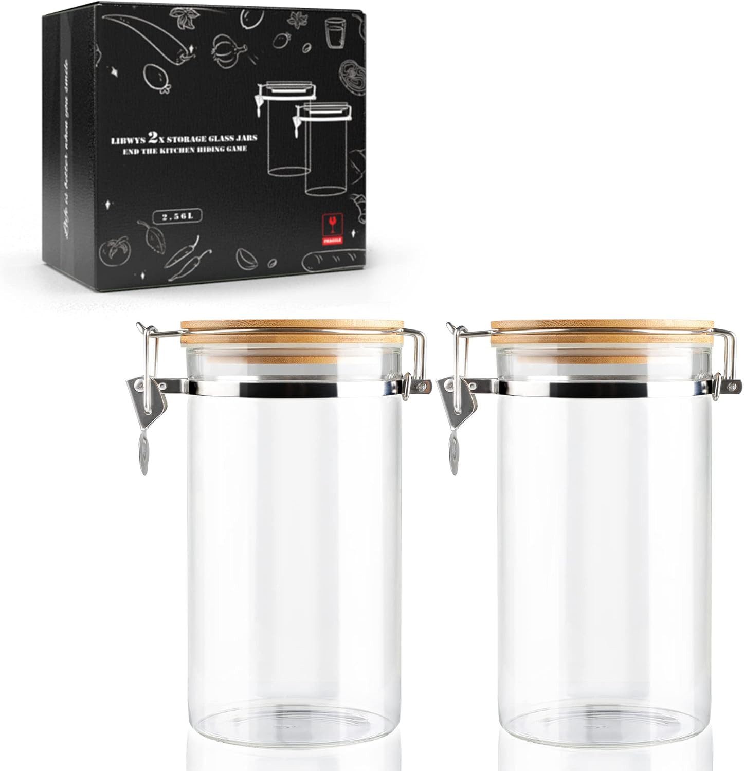 LIBWYS Vorratsglas Vorratsglas 2,56L mit Bambusdeckel und Bügelverschluss, Glasbehälter, Glas Bambus, (2er Set, 2-tlg., Gesamtvolumen 2 × 1,28 L, 2 Vorratsgläser à 1280 ml), Luftdichtes Glasbehälter-Set mit Bambusdeckel und Silikondichtung