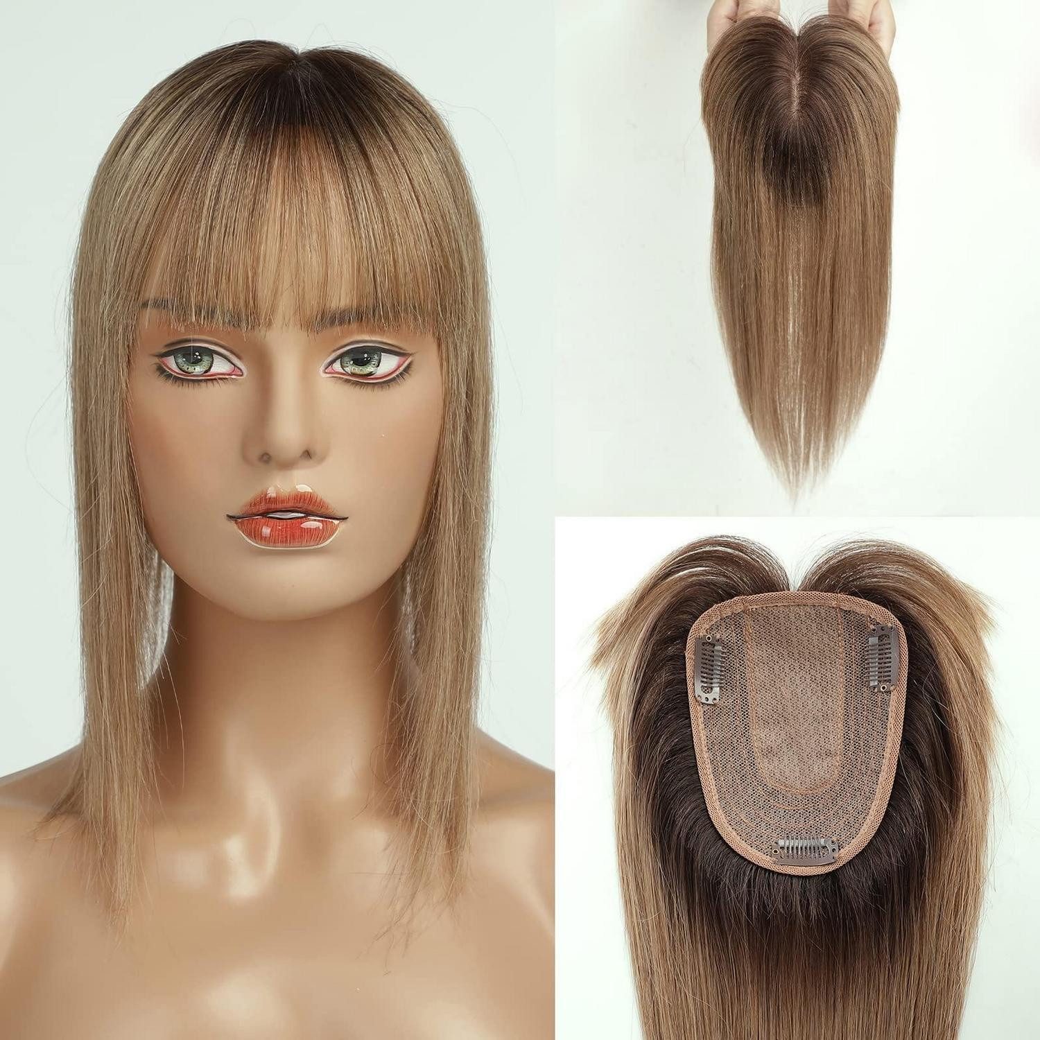 LuxusKollektion Echthaarperücke Topper mit Pony 100% Echthaar Seidenbasis Clip 150% Dichte