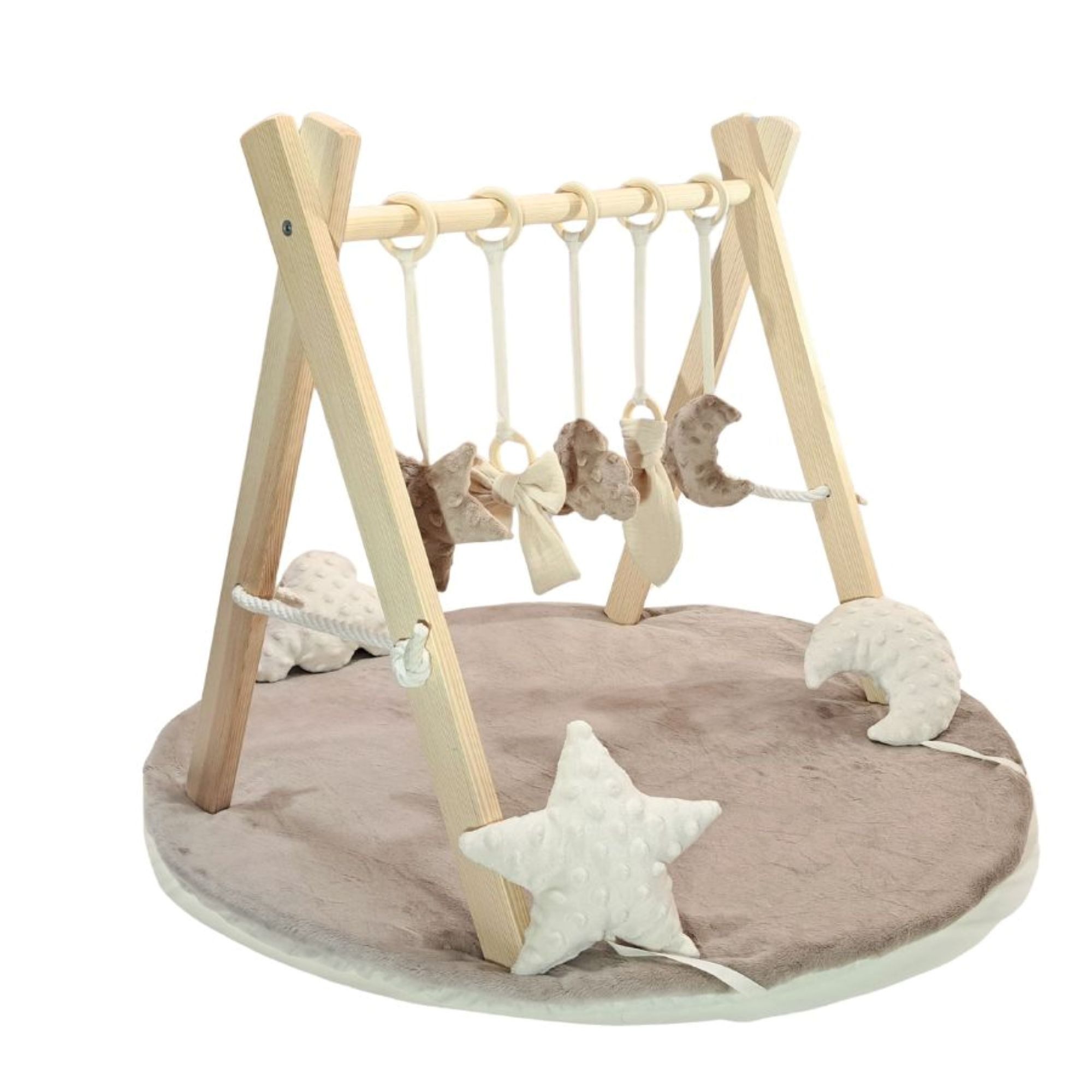 LuMali Baby Gym Holz Spielbogen klappbar 8 Spielzeuge Matte 41x58x49cm Naturholz, (5 Anhänger Spielmatte 78cm Baumwollschnüre Montageset), Spieltrapez Neugeborene sensorisch Spielmatte 78cm wendbar ab Geburt