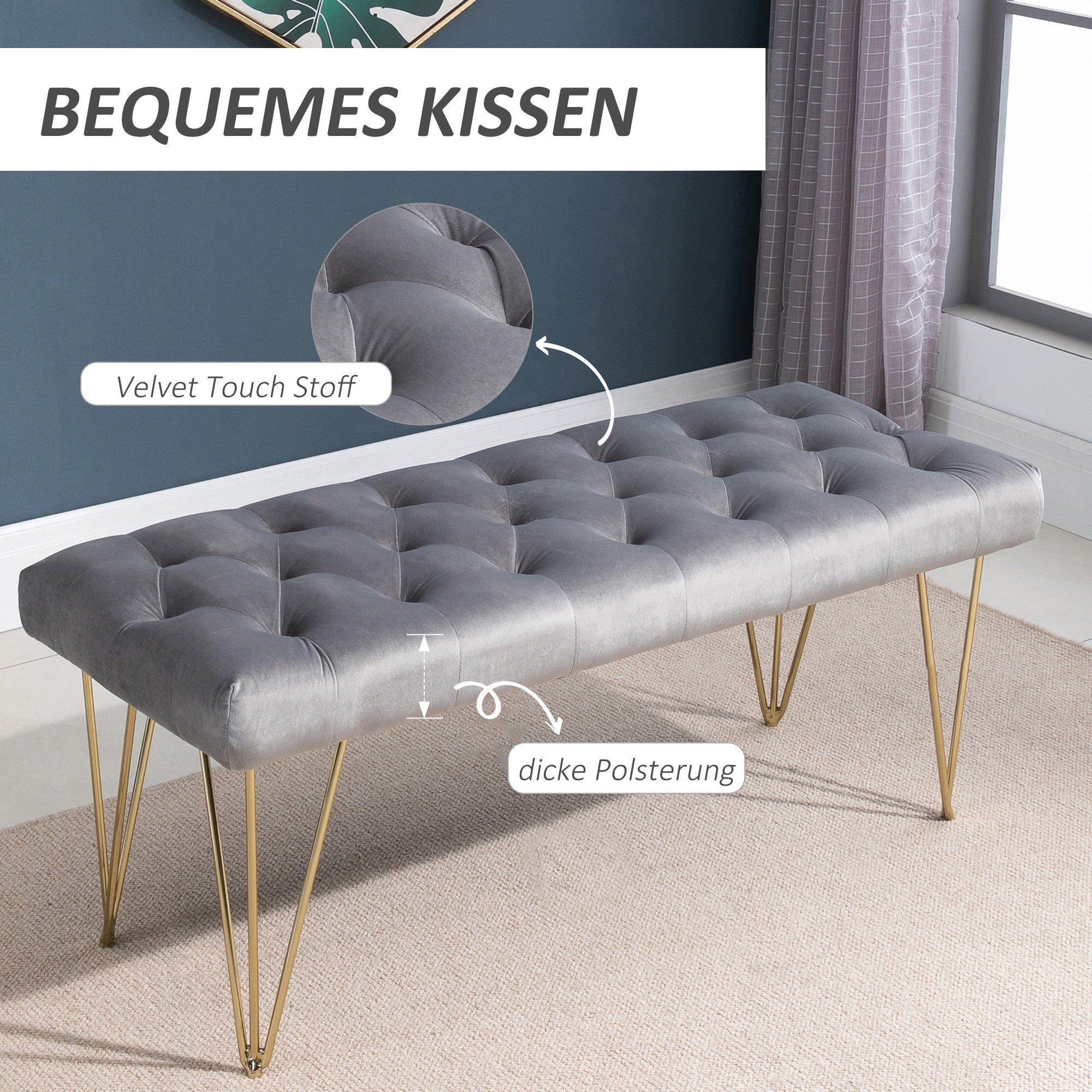 HOMCOM Sitzbank Schuhbank mit Samtoptik (Bettbank, 1-St., Polyesterbank), Grau 116 x 44,5 x 49 cm