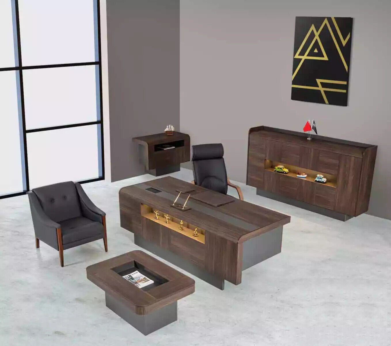 JVmoebel Schreibtisch Möbel Kanzlei Luxus Büroeinrichtung Komplettes Set Tisch Schrank 3tlg, Made In Europe Brun