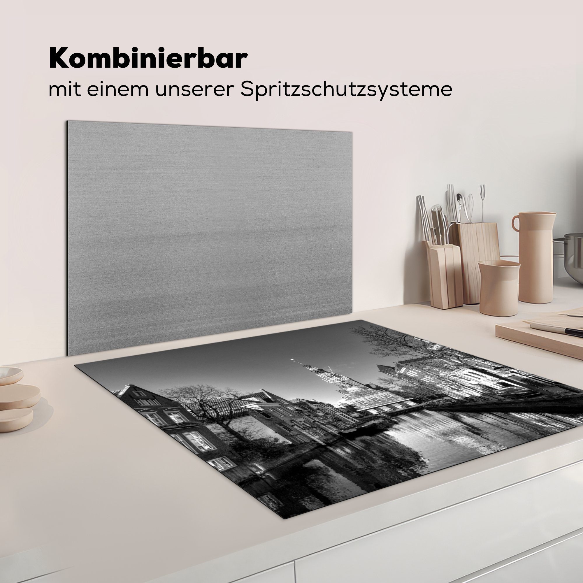 Arbeitsplatte - (1 küche 78x78 cm, Herdblende-/Abdeckplatte Alkmaar - MuchoWow Weiß, - für Vinyl, Ceranfeldabdeckung, Kanal Schwarz tlg),