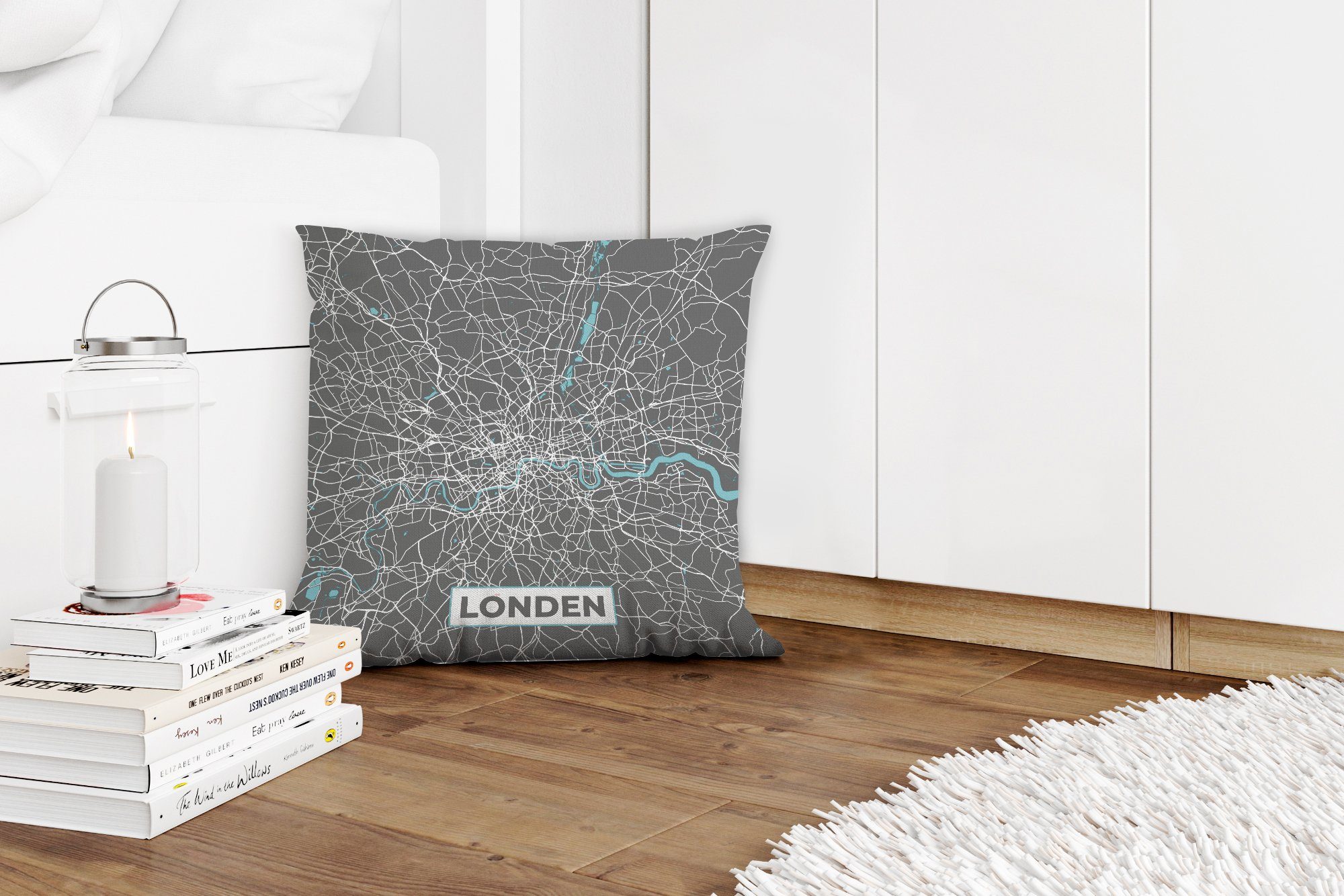 - Füllung London für Dekokissen - Sofakissen Wohzimmer, - Zierkissen Blau Schlafzimmer, Deko, MuchoWow mit Karte Stadtplan,