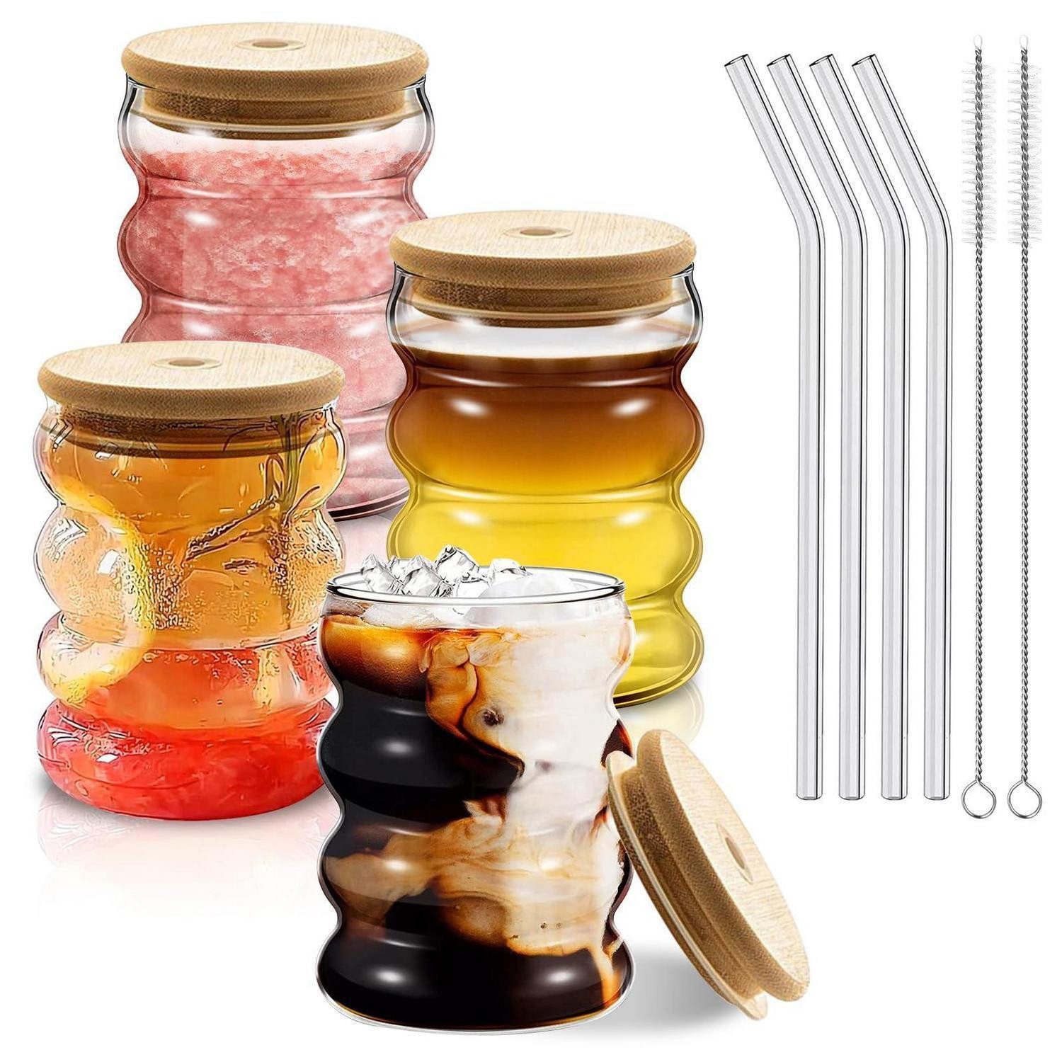 LuxusKollektion Latte-Macchiato-Glas Bubble Gläser 350ml 4er Set mit Deckel & Strohhalm, Glas