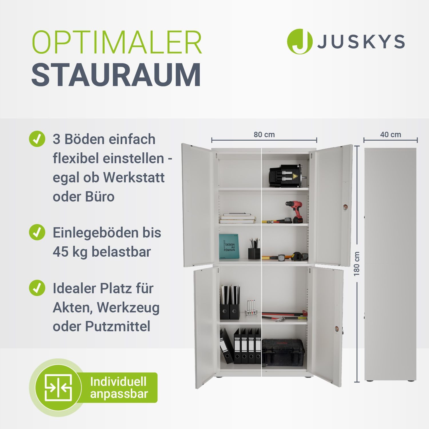 Juskys Aktenschrank abschließbarer Metallschrank, 2 Schlüssel, 3 Einlegeböden für je 45kg – Bild 4 von 5