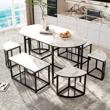 OKWISH Essgruppe, (1 Tisch, 4 Hocker und 2 bank, 7-tlg., Tisch in Marmoroptik)