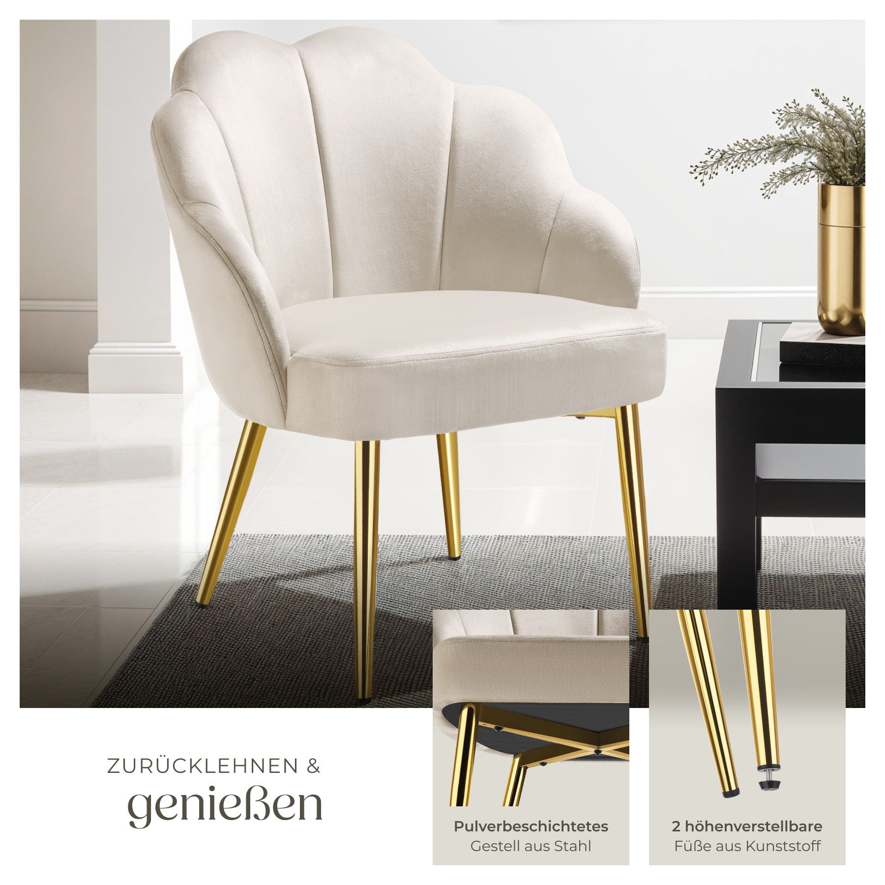 tectake Esszimmerstuhl Cocktailsessel gepolstert, mit Samtbezug, gewölbte, 66 x 62 x 80,5 (Wohnzimmersessel Hellen in creme/gold, 1 St), extrabreite Rückenlehne, höhenverstellbar, Belastbarkeit 120 kg