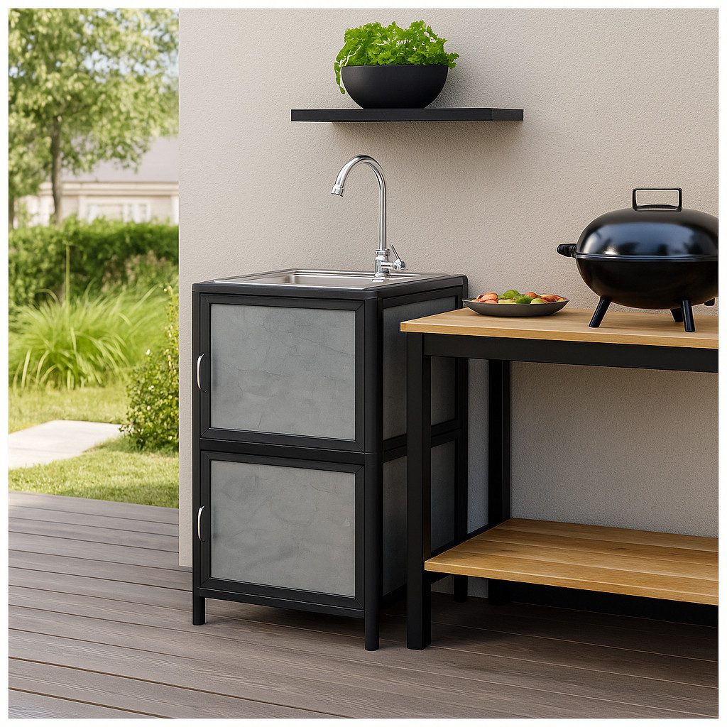 HTI-Living Küchenspüle Spüle mit Unterschrank für Outdoorküche Grau, 46/41 cm, (Stück, 1 St), für Garten und Camping mit Edelstahl-Armatur