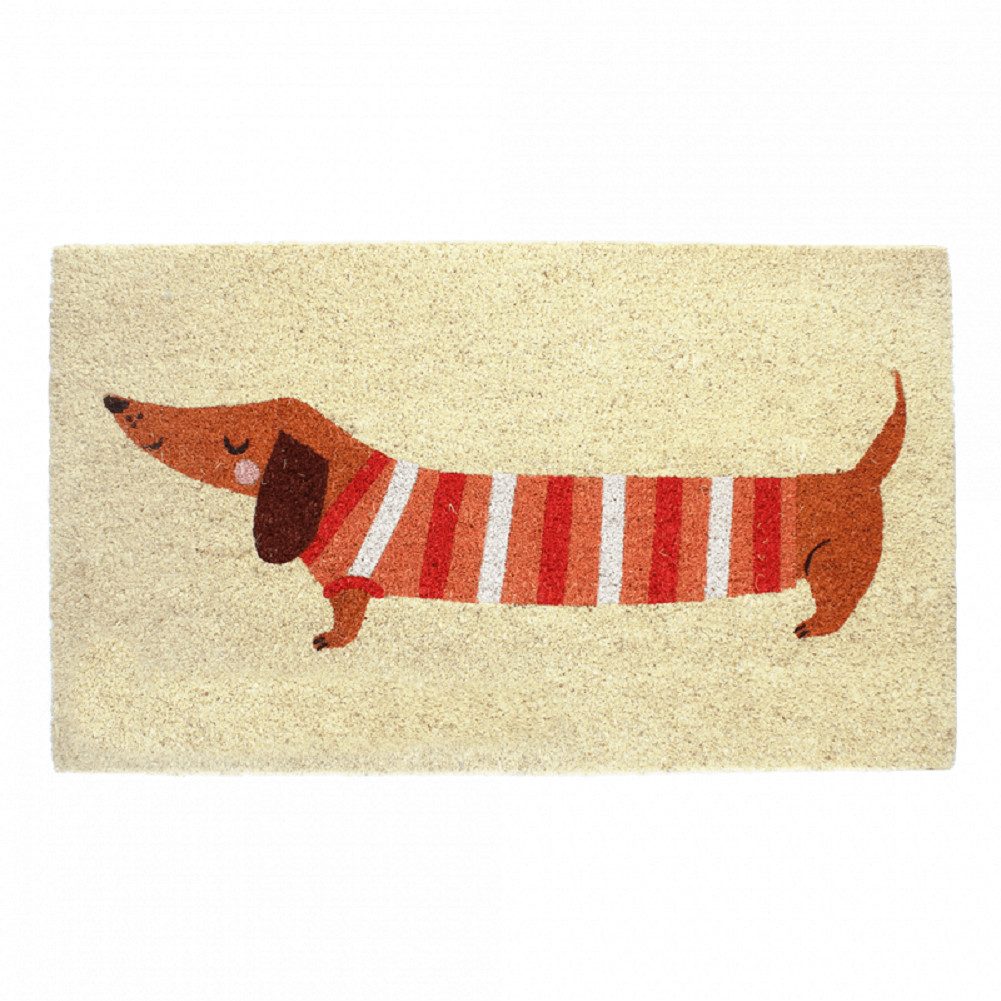 Rex London Outdoorteppich Kokos-Fußmatte, Türmatte, Sausage Dog, Rechteckig, ca. 73 x 43 x 1,5 cm, für Indoor & Outdoor geeignet, rutschhemmende Unterseite