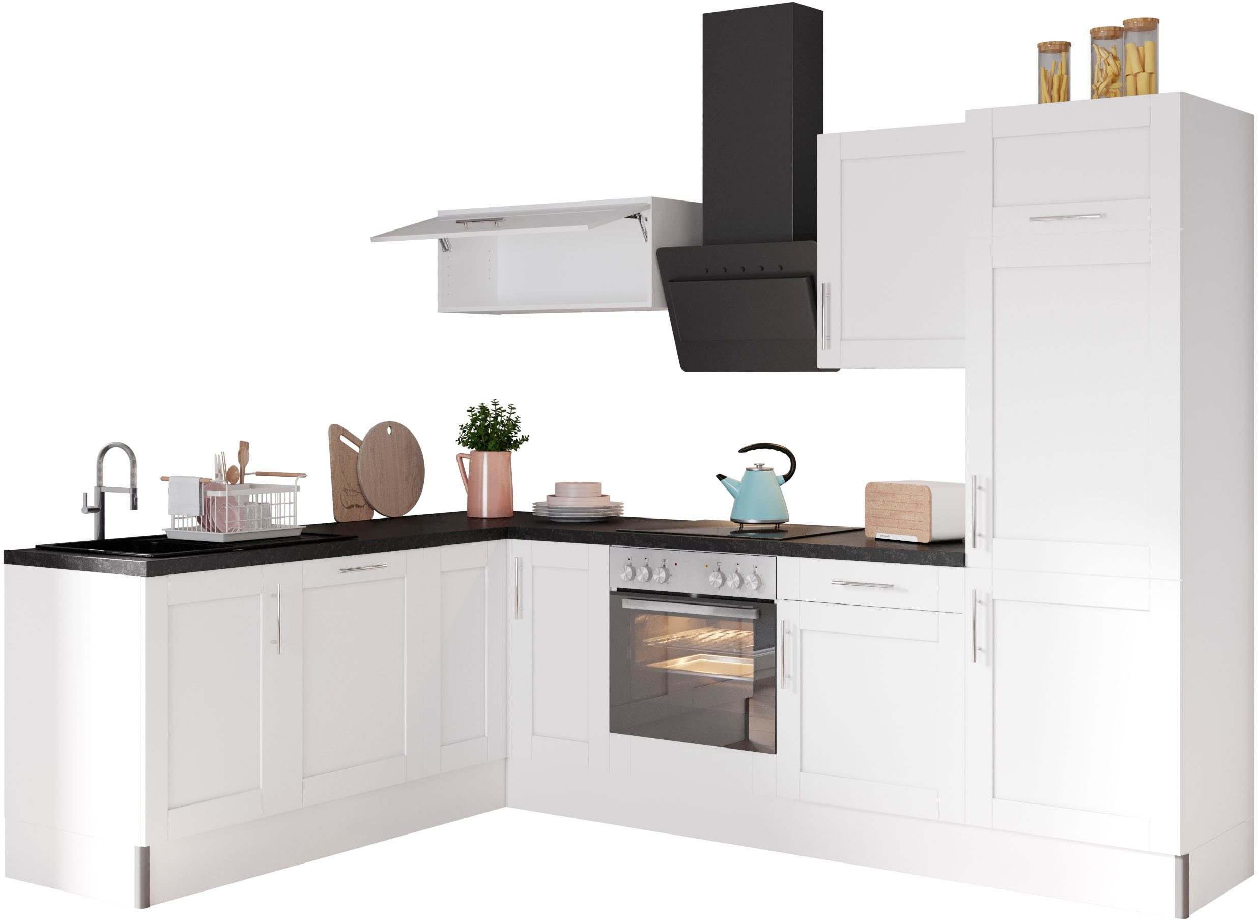 OPTIFIT Küche Ahus, 200 x 270 breit, E-Geräte, Close Fronten, cm Soft Soft-Close-Funktion Funktion, MDF ohne
