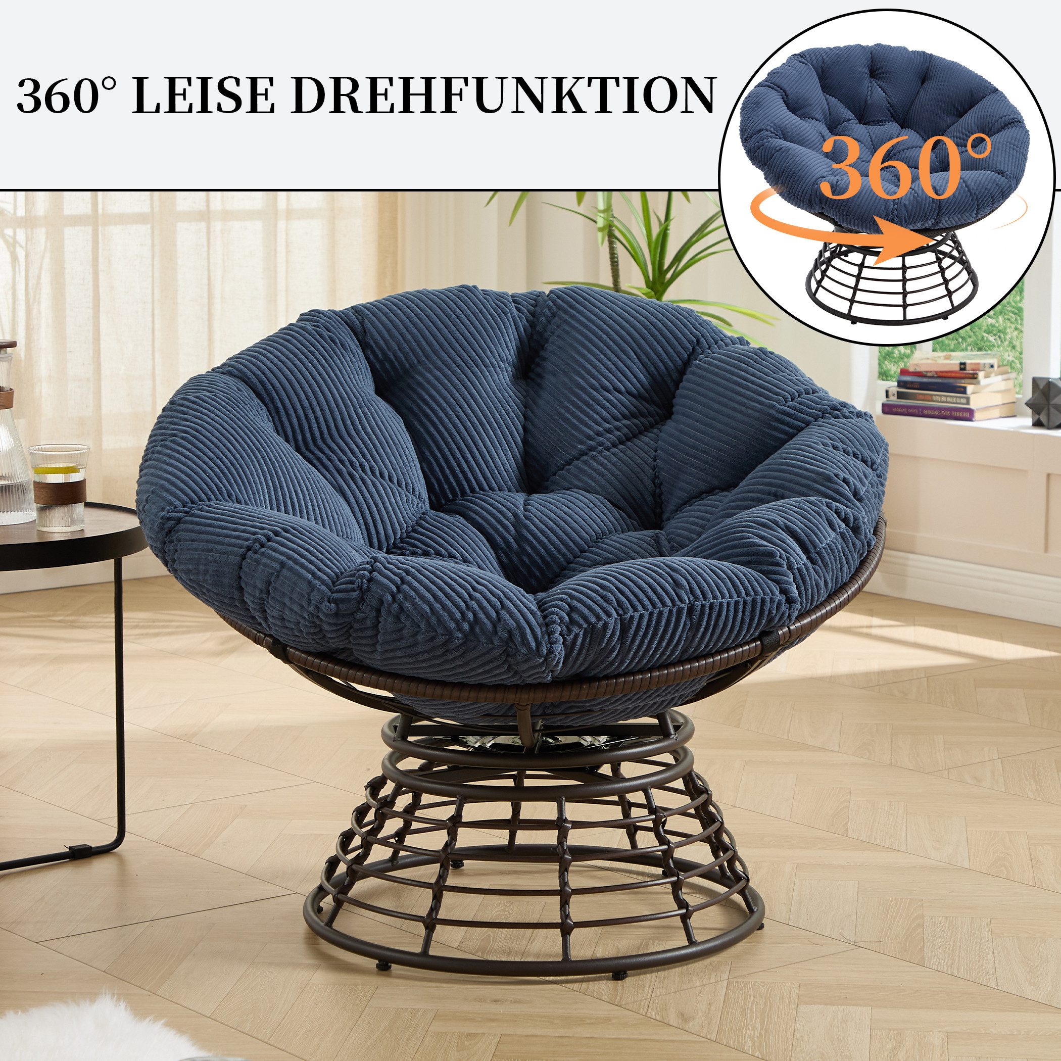 SeedWave Loungesessel 360° Drehbarer Papasan-Sessel Stahlgestell mit 92cm Trennbarem Polster, Relaxsessel für Balkon, Garten, Terrasse