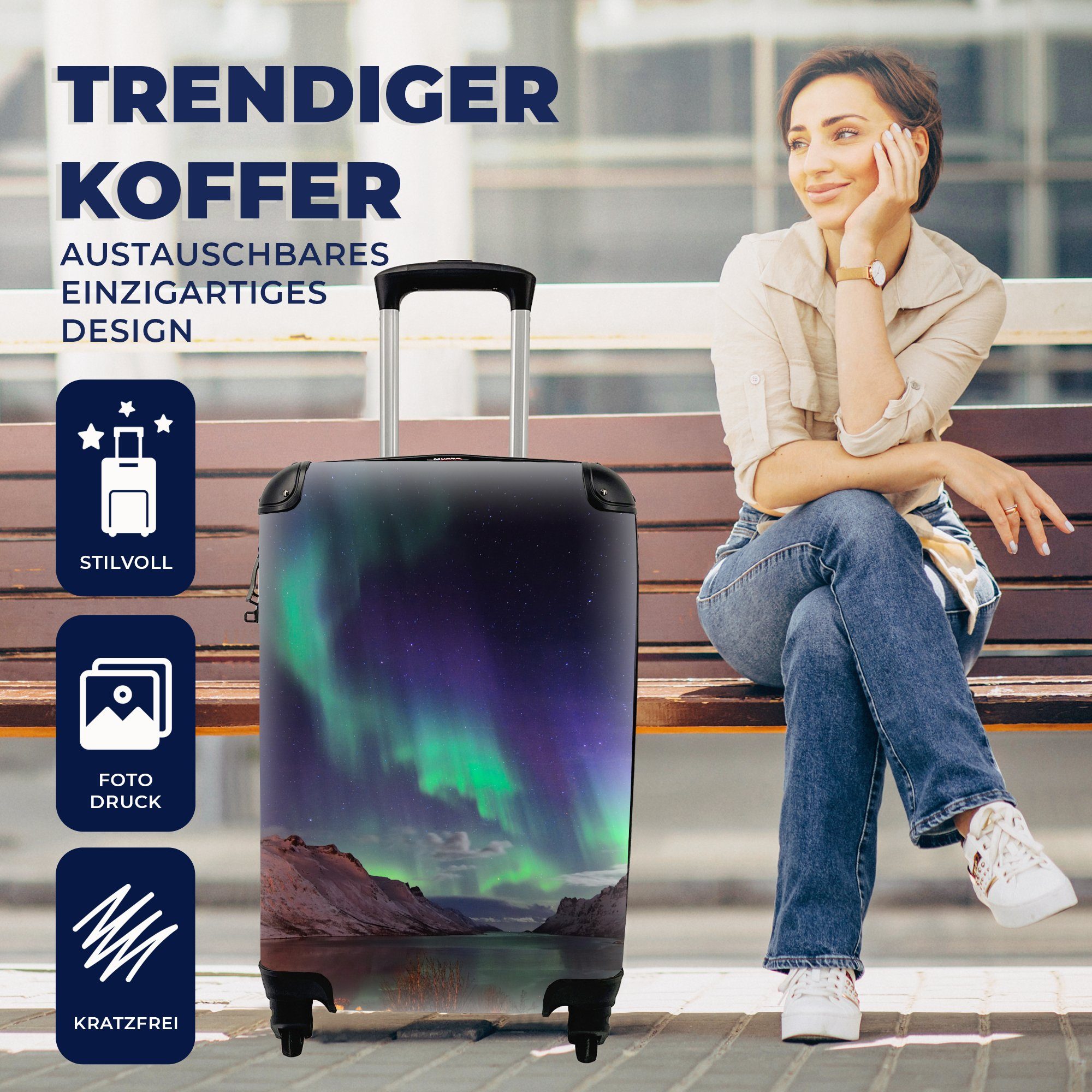 Trolley, Handgepäck rollen, - Reisetasche Ferien, Handgepäckkoffer Berg 4 mit Rollen, Aurora - MuchoWow Fjord, Reisekoffer für