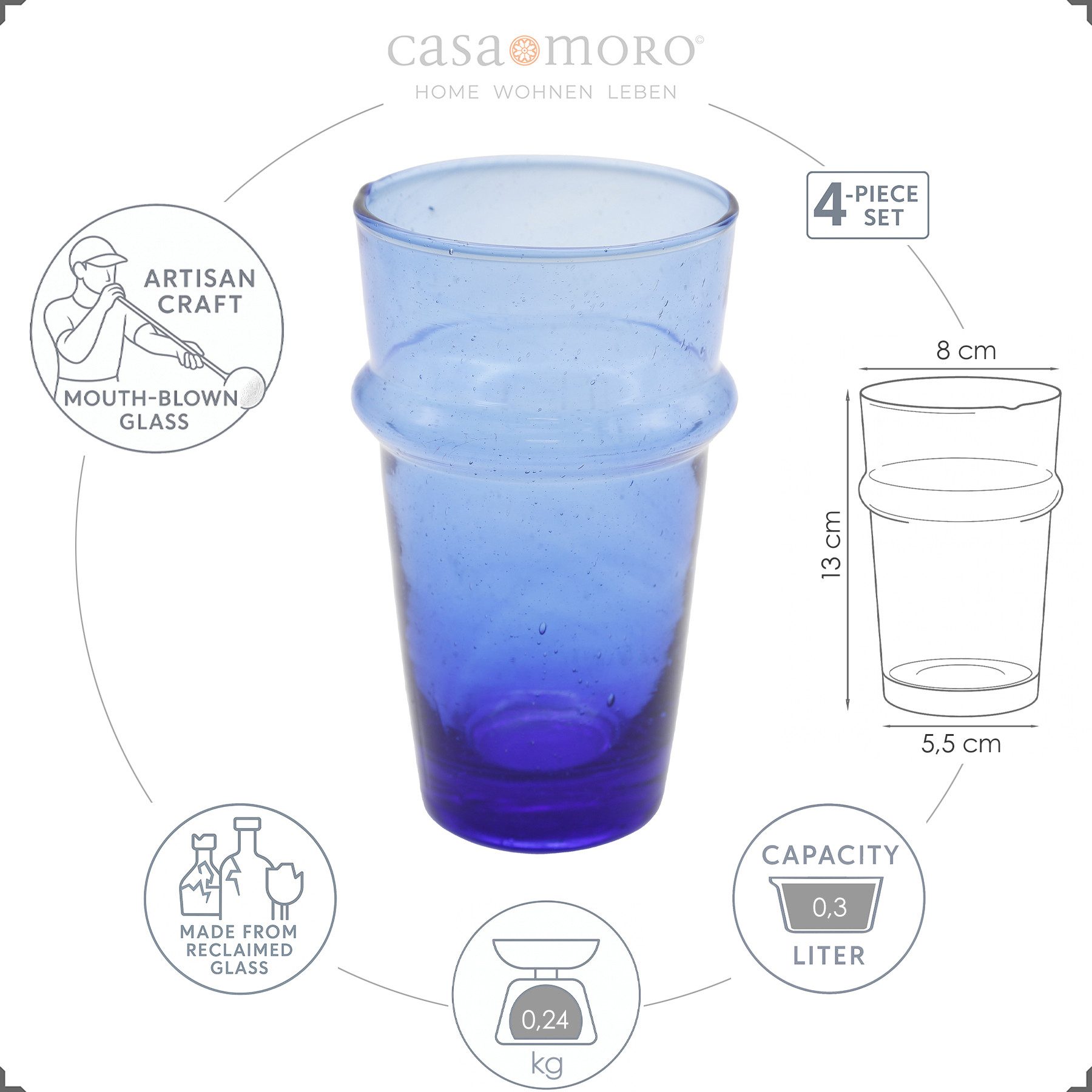 Casa Moro Gläser-Set Latte Macchiato Cocktail Gläser Set 4er Blau Dessertgläser Longdrink, 4-tlg., 4-teilig, 300 ml je Glas, für Kalt- und Heißgetränke, mundgeblasen