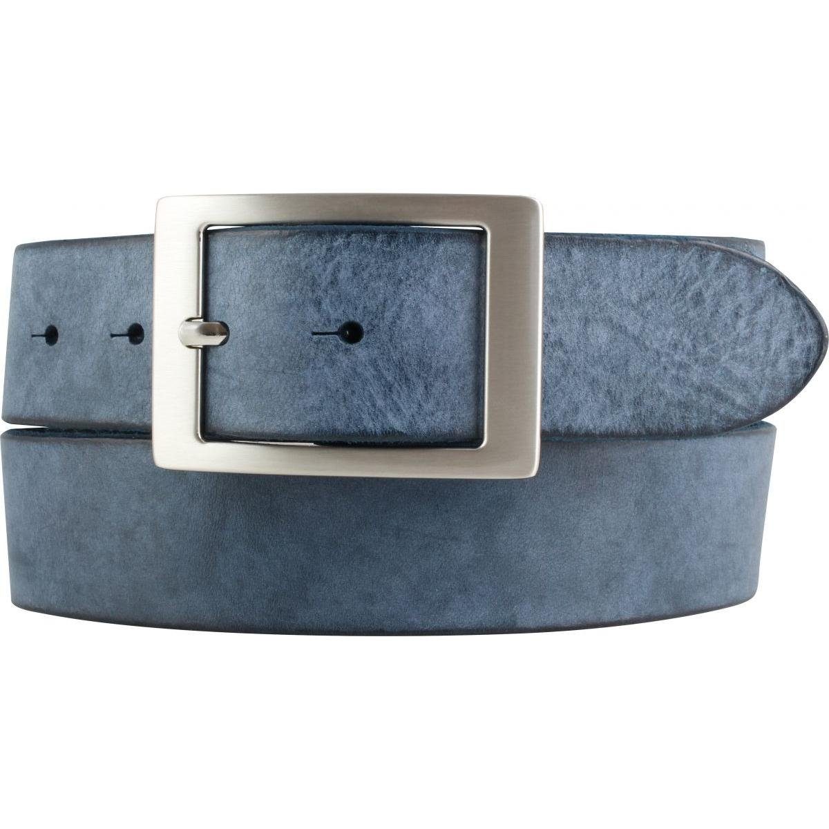 BELTINGER Ledergürtel Herren-Gürtel aus weichem Vollrindleder mit Doppel-Schnalle Vintage-Lo weiches Leder, Gürtelschnalle in Altsilber, Vintage Marine, Silber