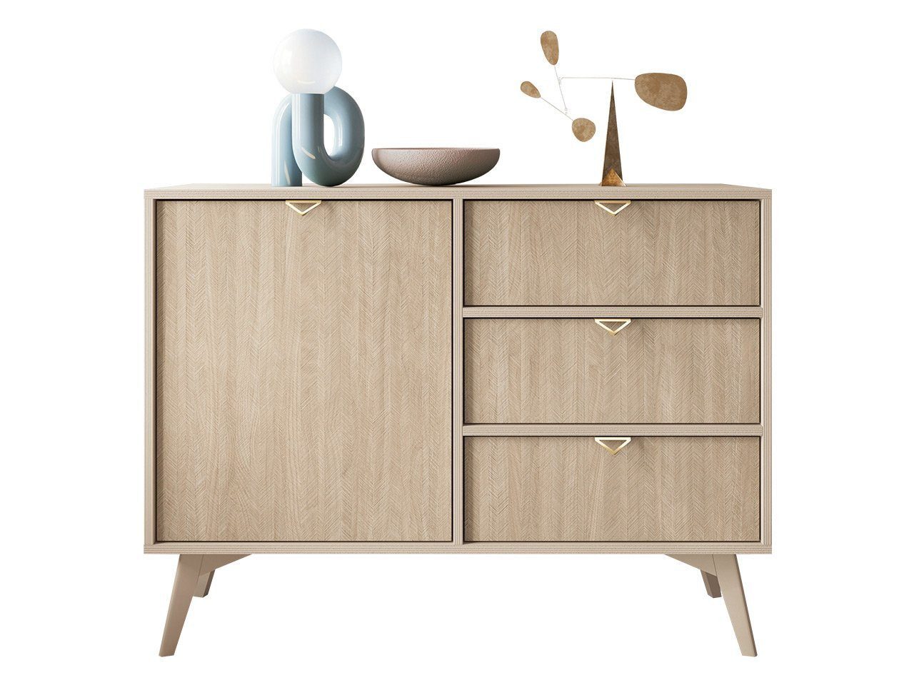 Compleo Kommode Scandi design Holz, mit drei Schubladen, 1-türig, MARIA