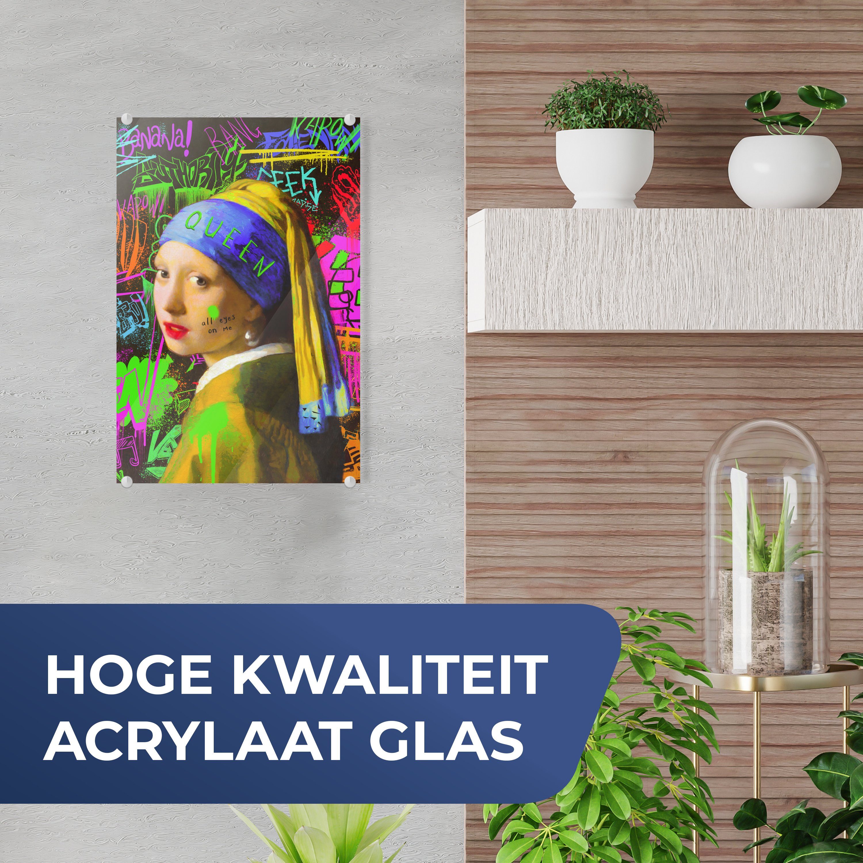 Mädchen dem mit - Wanddekoration Johannes Wandbild Vermeer MuchoWow Acrylglasbild Das Bilder Glas Glasbilder St), Foto Perlenohrring auf Glas (1 - auf Neon, - - -