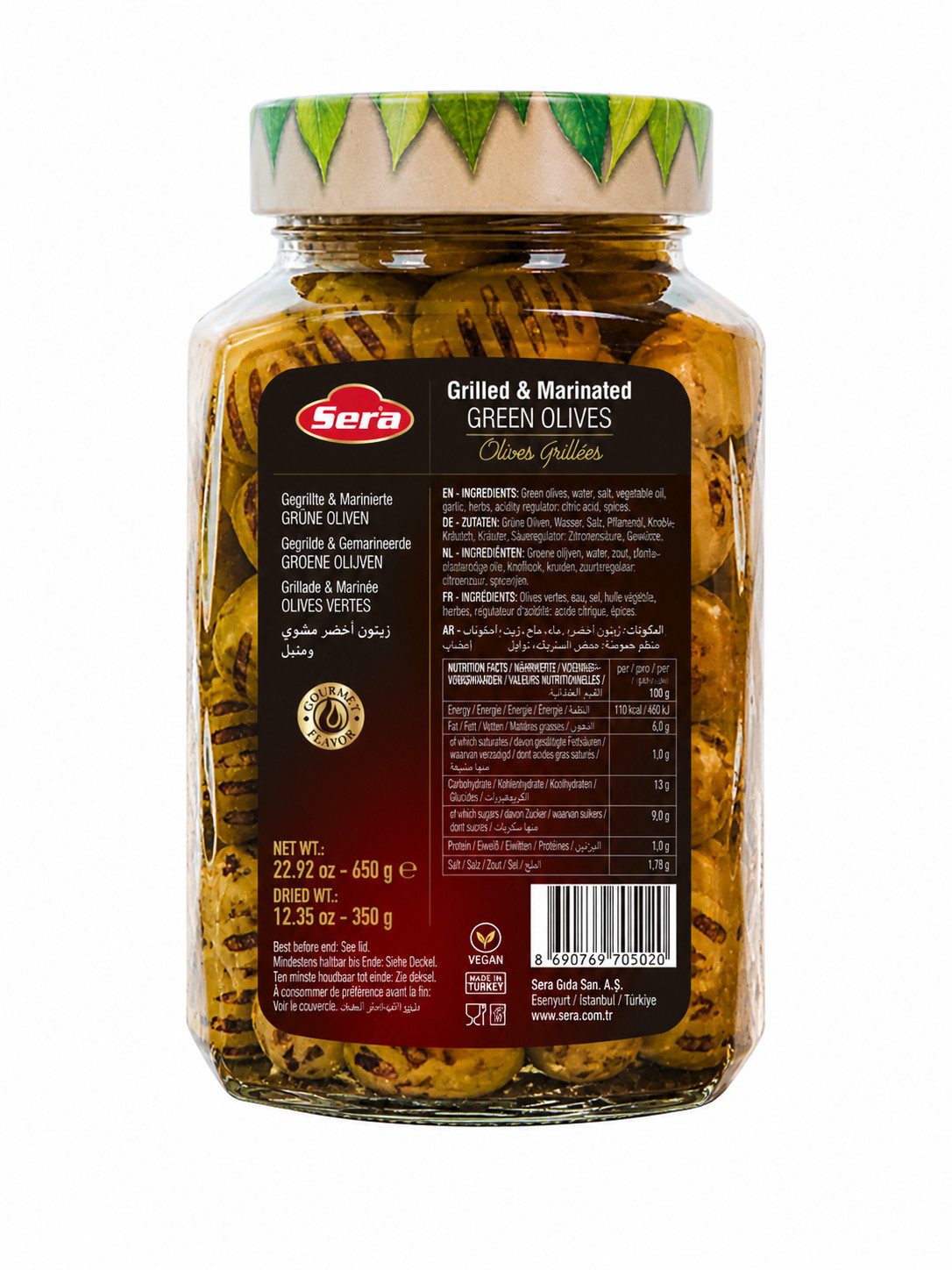 SERA FOOD Antipasti Sera Gegrillte Grüne Oliven Colossal 350g, 1 x 350 g, Colossal Oliven, Auf offener Flamme gegrillt, Rauchiges Aroma
