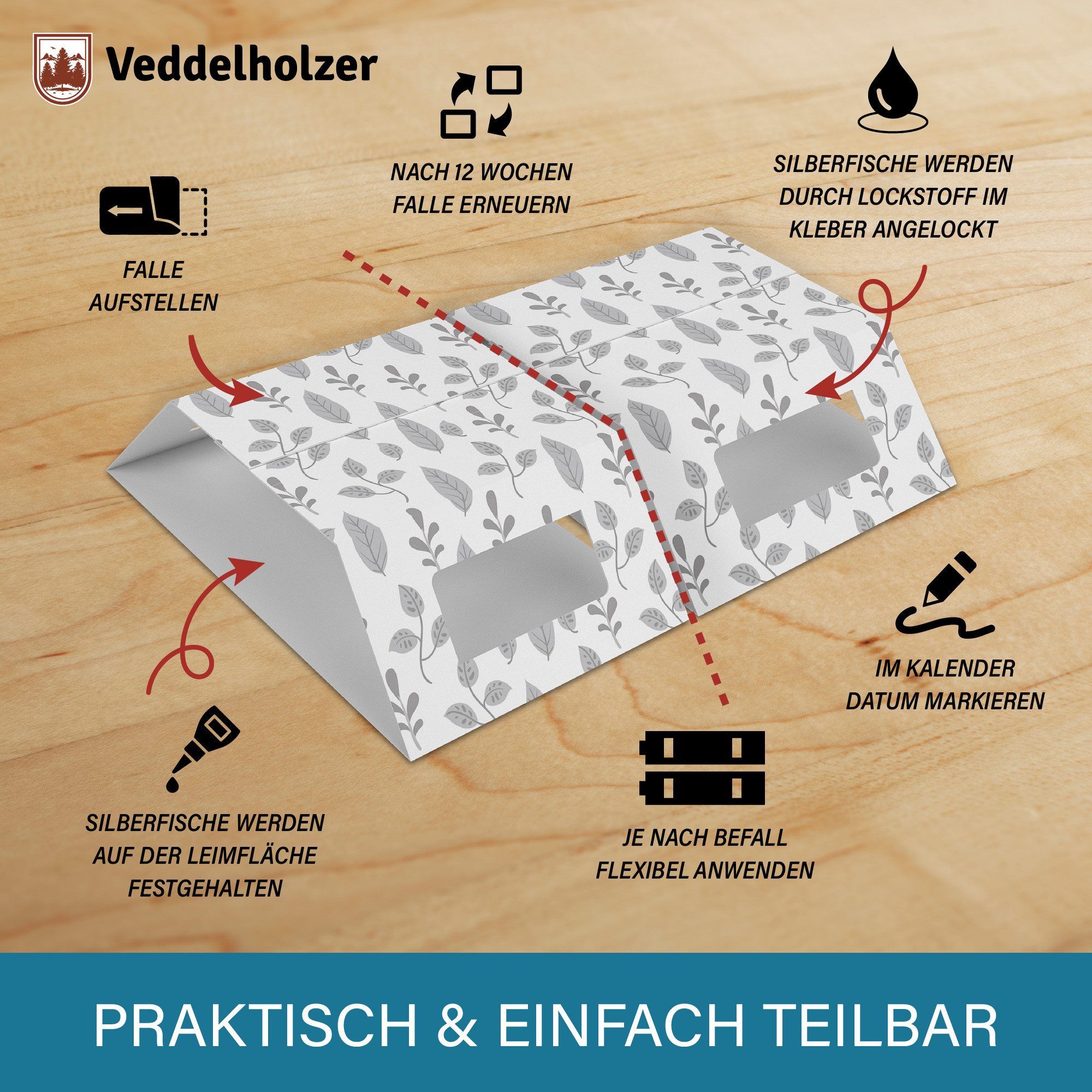 Veddelholzer Klebefalle XXL teilbare Silberfischfalle mit Köder Lockstoff 12 Stück Klebefallen, Silberfische & Papierfische bekämpfen Giftfrei – Bild 4 von 5