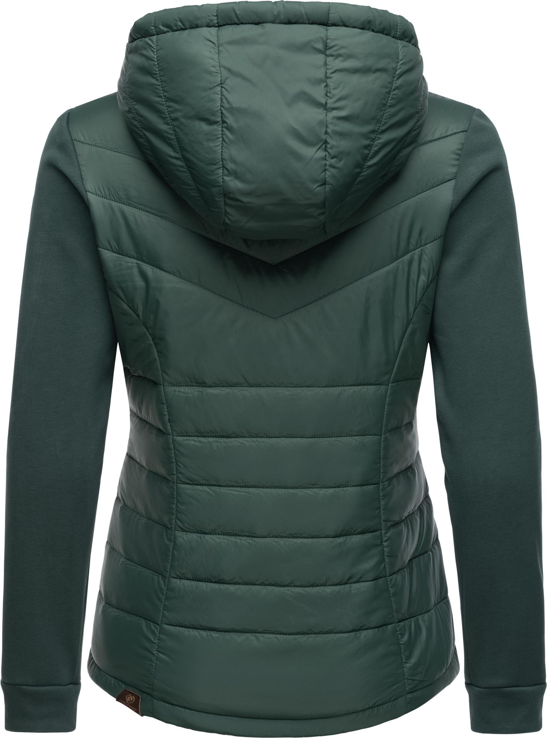 Materialmix Lucinda Kapuze mit aus modernem Ragwear Outdoorjacke Steppjacke dunkelgrün