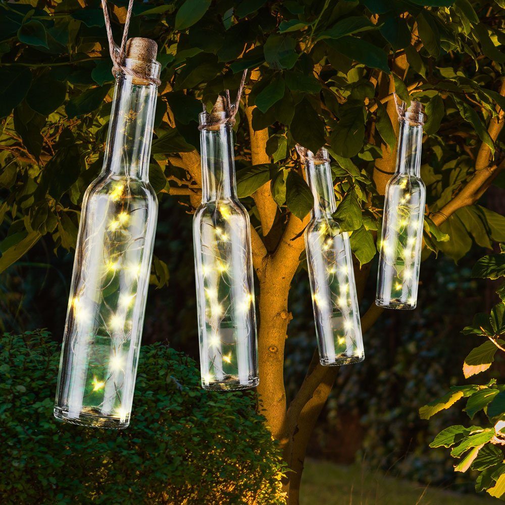 Haushalt International LED Dekolicht, LED-Leuchtmittel fest verbaut, Warmweiß, Außenlampe LED Solar Lichterkette Glas Flasche 4-flammig Deko warmweiß