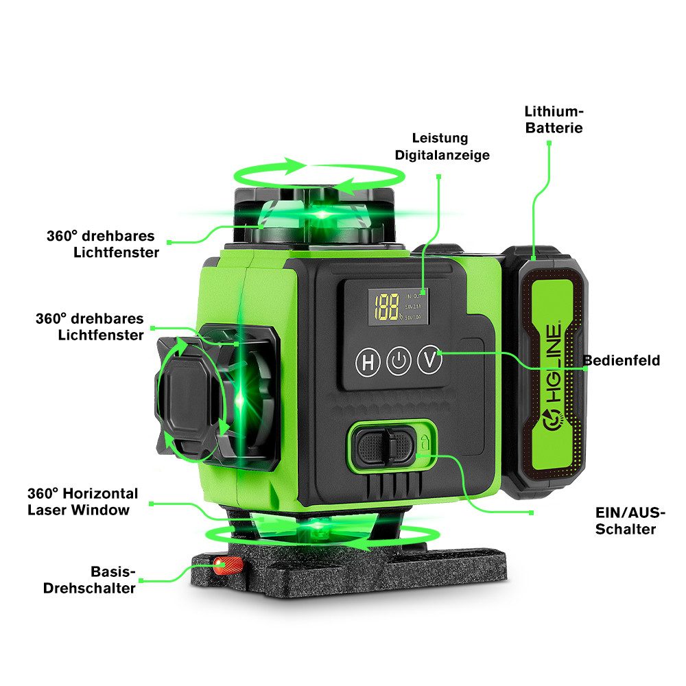 HGLINE Laserwasserwaage 4D 16 Linien Lasernivellier, 360° selbstnivellierender Laser Level, mit Stativ und 2x4800mAh Akkus – Bild 4 von 5