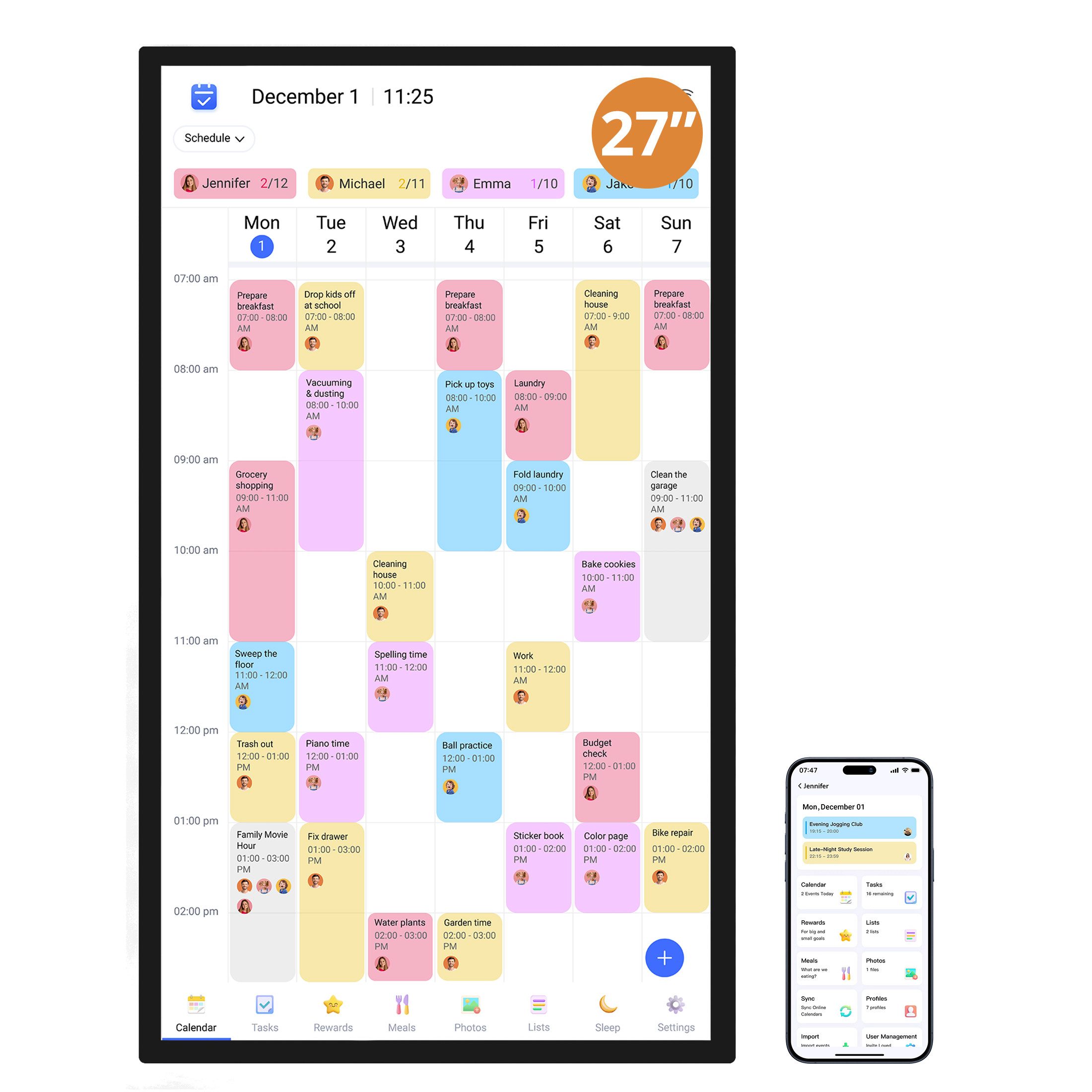 EKASN 27'' Digitaler Kalender mit Touchscreen für Wand- und Tischmontage Digitaler Bilderrahmen (68,58 cm/27 ", 1920 x 1080 Pixel, 32 GB, Full-HD, WLAN, Familienplaner mit To-Do-Liste & Mahlzeitenplaner)