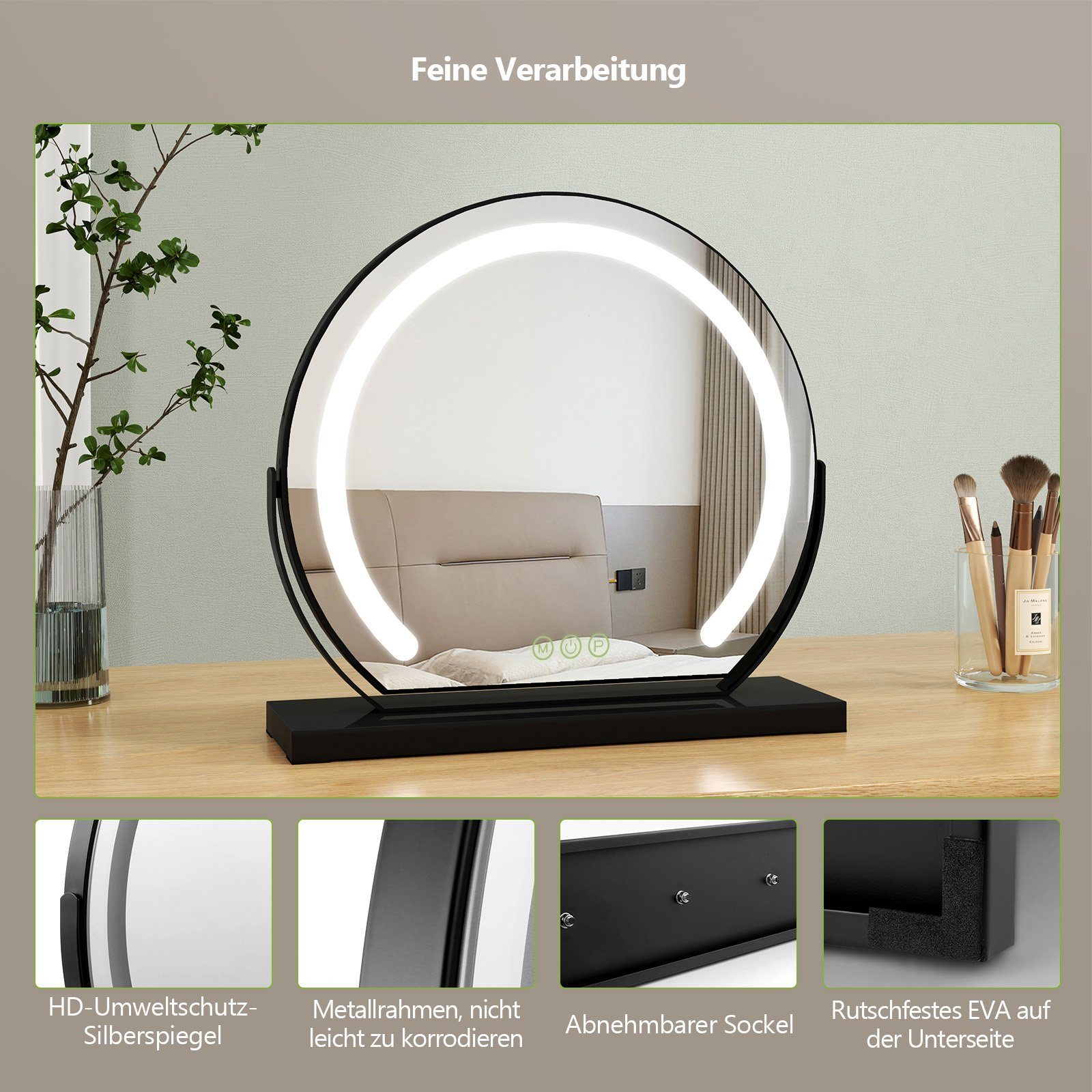 Funktion Rund S'AFIELINA Beleuchtung LED Schwarzer Kosmetikspiegel mit 3 Memory 40cm Φ Dimmbar Rahmen, Schminkspiegel Lichtfarben Weihnachtsgeschenk,