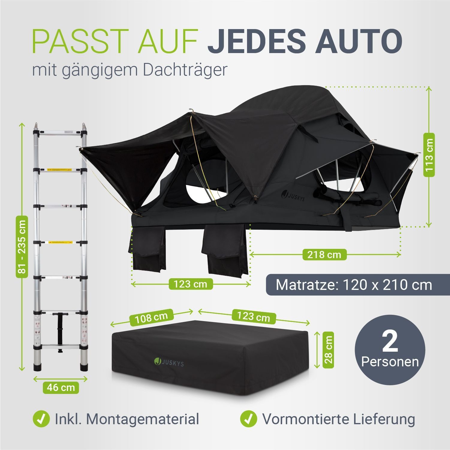 Juskys Dachzelt Lago, Wasserdicht, Teleskopleiter, 2 Personen Zelt, LED Beleuchtung