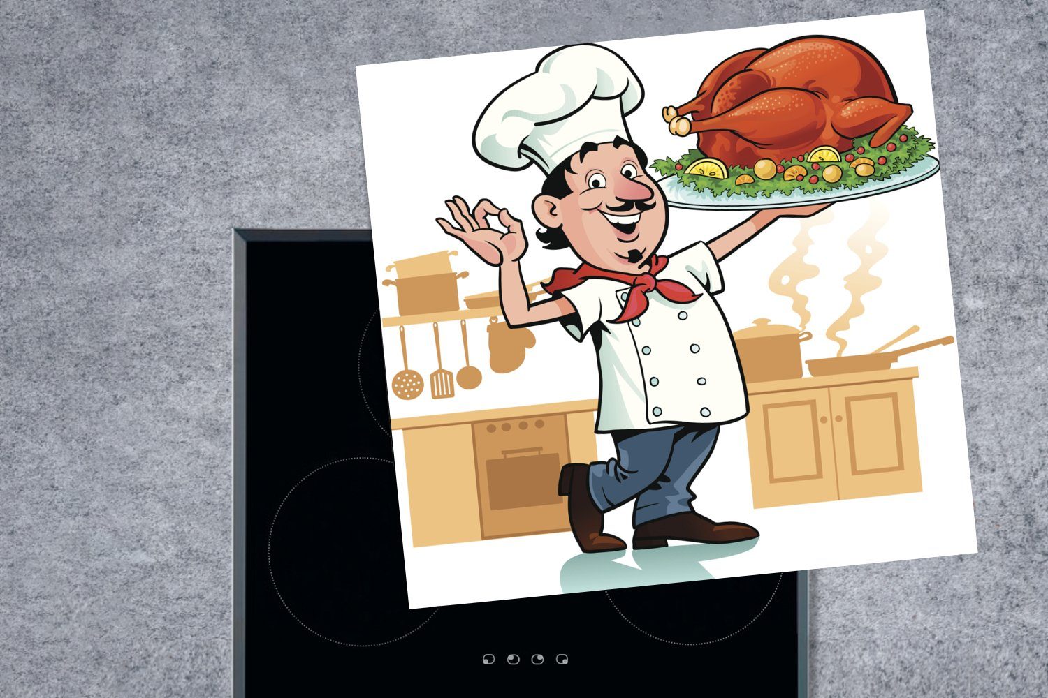mit MuchoWow küche Herdblende-/Abdeckplatte Vinyl, eines für Fleisch, cm, Illustration 78x78 einem (1 Ceranfeldabdeckung, Stück Arbeitsplatte tlg), Eine Kochs