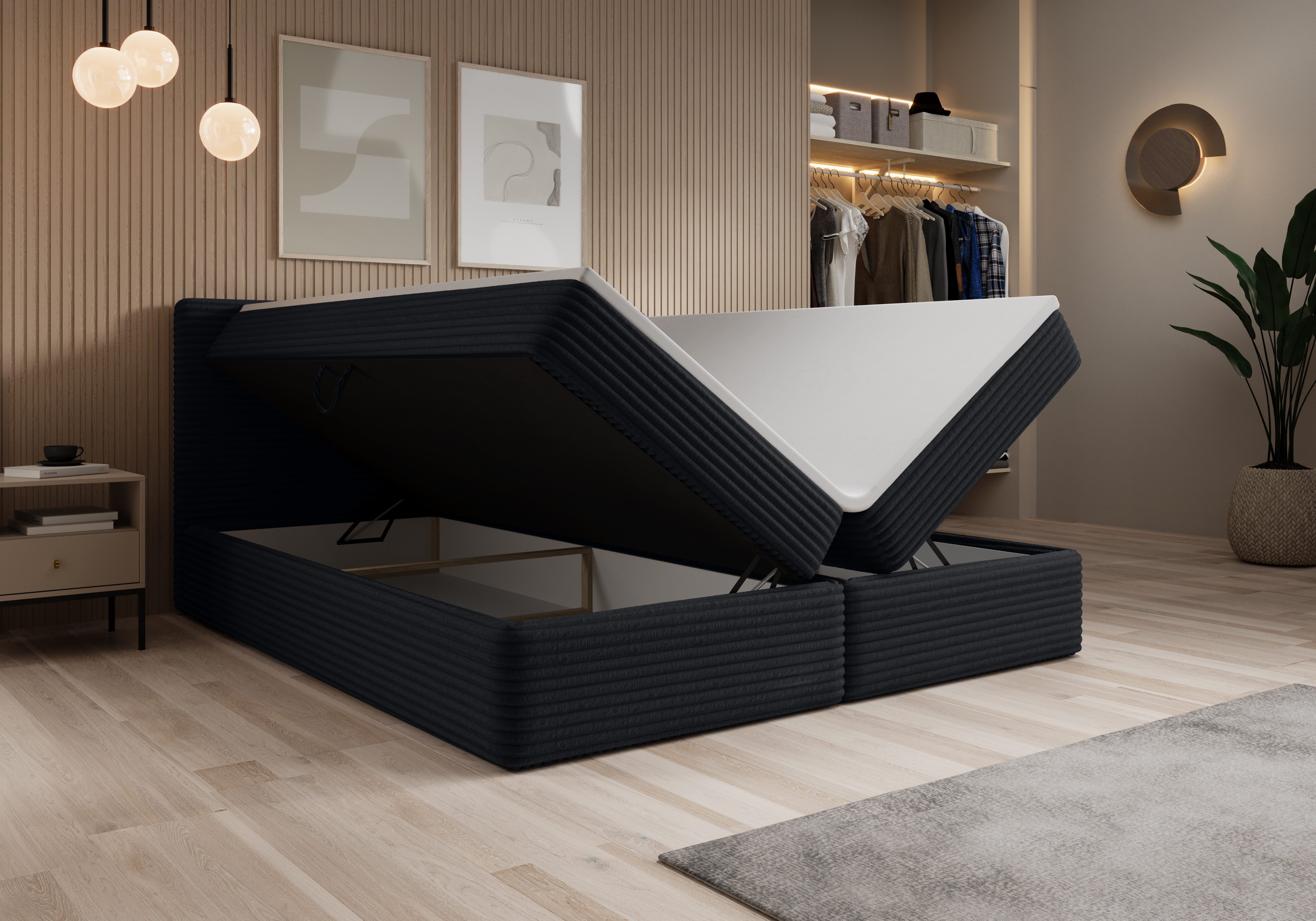 thematys Boxbett Cord mit Bettkasten 140x200–200x200 cm – Luxus Boxbett (Polsterbett Bonnellfederkern Matratze H3 + Gratis 3cm Topper, Doppelbett mit Stauraum)