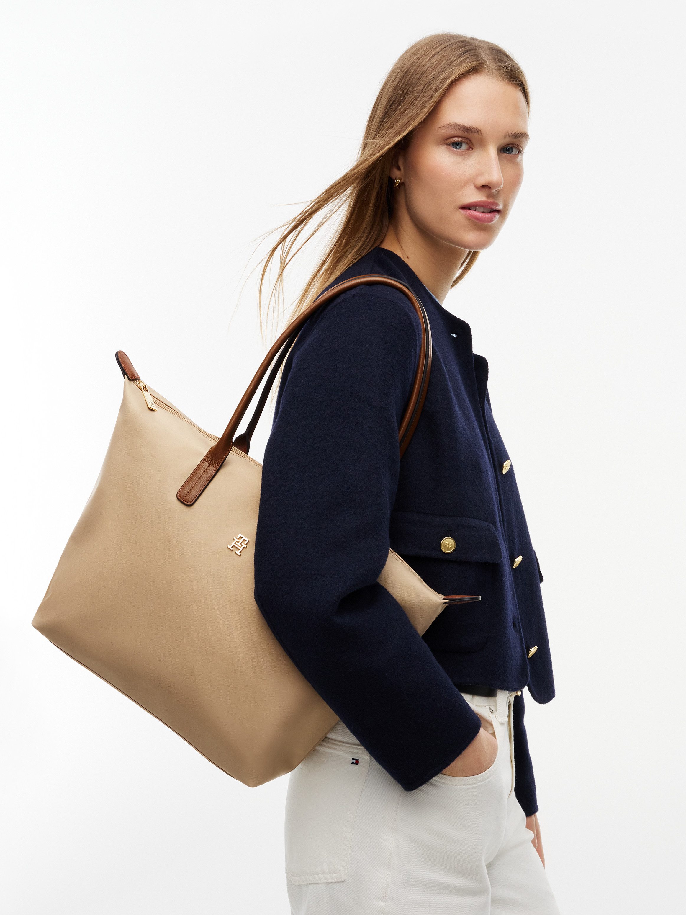 Tommy Hilfiger Tragetasche POPETTE TOTE, Damen Handtasche, Schultertasche mit kontrastfarbigen Henkeln
