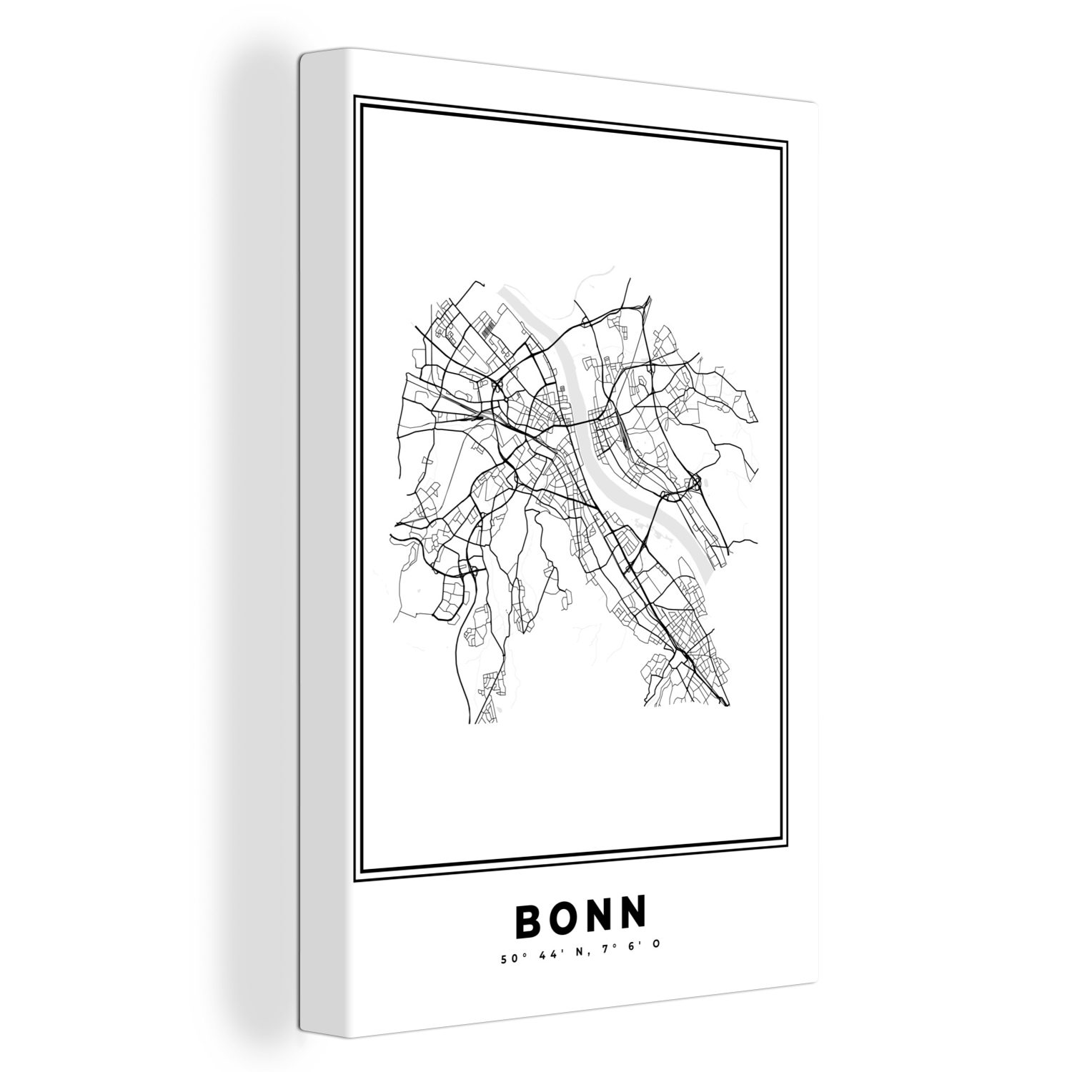 OneMillionCanvasses® Leinwandbild Schwarz und Gemälde, Leinwandbild St), 20x30 Zackenaufhänger, Bonn, Deutschland Karte (1 - weiß - Stadtplan - fertig inkl. - cm bespannt