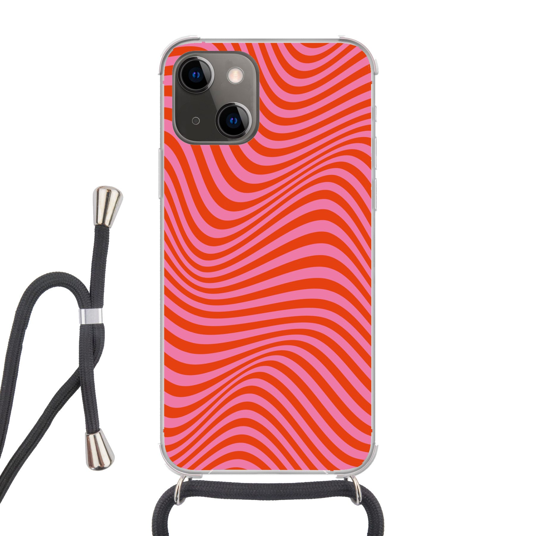 MuchoWow Handyhülle für Apple iPhone 13 Mini Wellenförmiges Muster - Rot - Rosa - Linien, Tragbare Handyhüllen mit Kette zum umhängen, Handykette Handyband