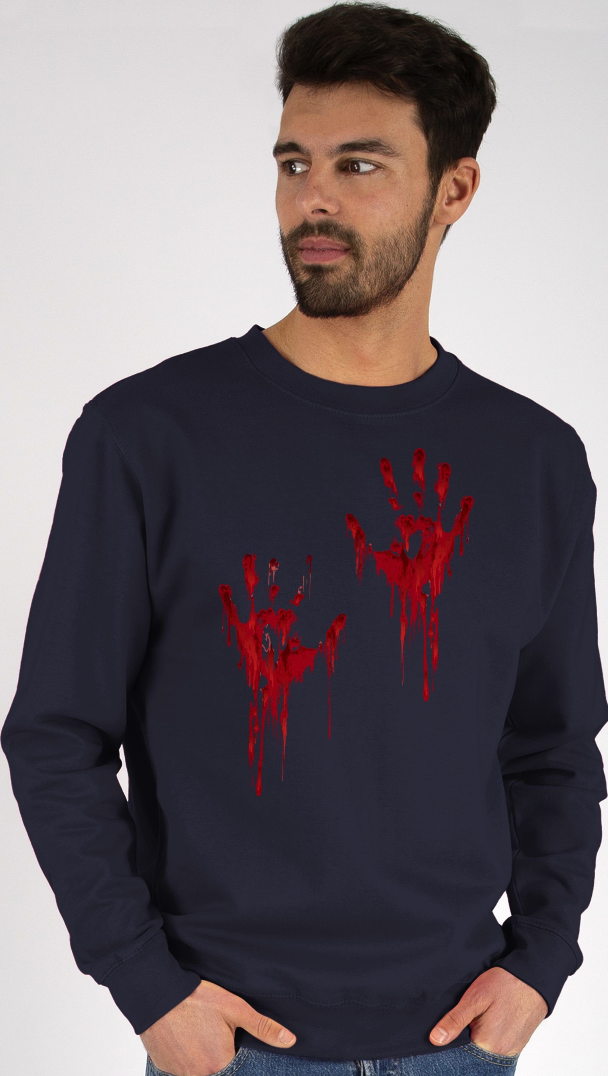 Shirtracer Sweatshirt Blutige Hände Blut Handabdruck Blutverschmiert Blutiges Blutspritzer H (1-tlg) Halloween Kostüme Damen 3 Dunkelblau