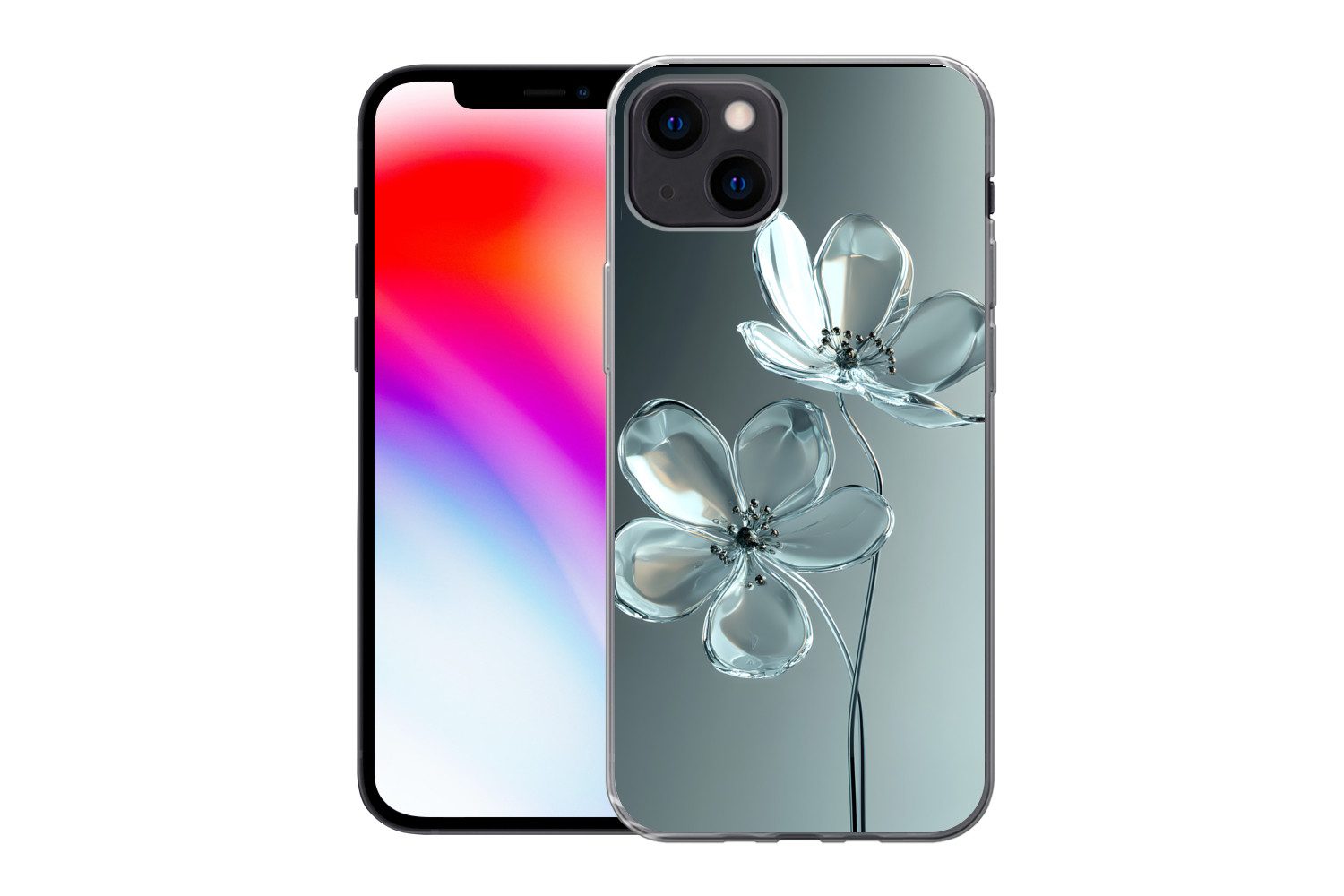 MuchoWow Handyhülle für Apple iPhone 13 Kristall - Blumen - Grau, Smartphone-Bumper, Print, Handy Schutzhülle Dünn