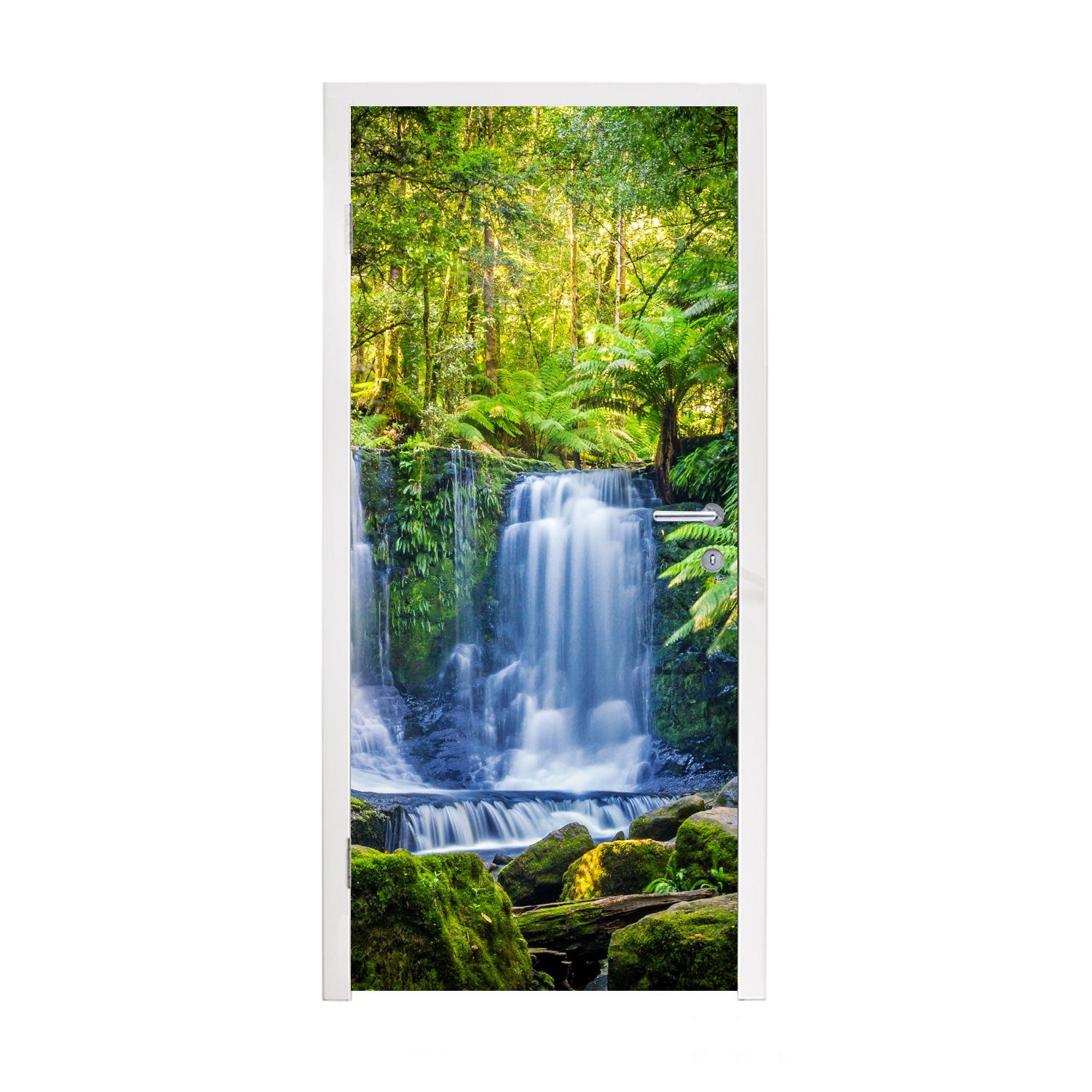 MuchoWow Türtapete Dschungel - Wasserfall - Australien - Pflanzen - Natur, Matt, bedruckt, (1 St), Selbstklebende Tapete, Folie für Möbel, 75x205 cm
