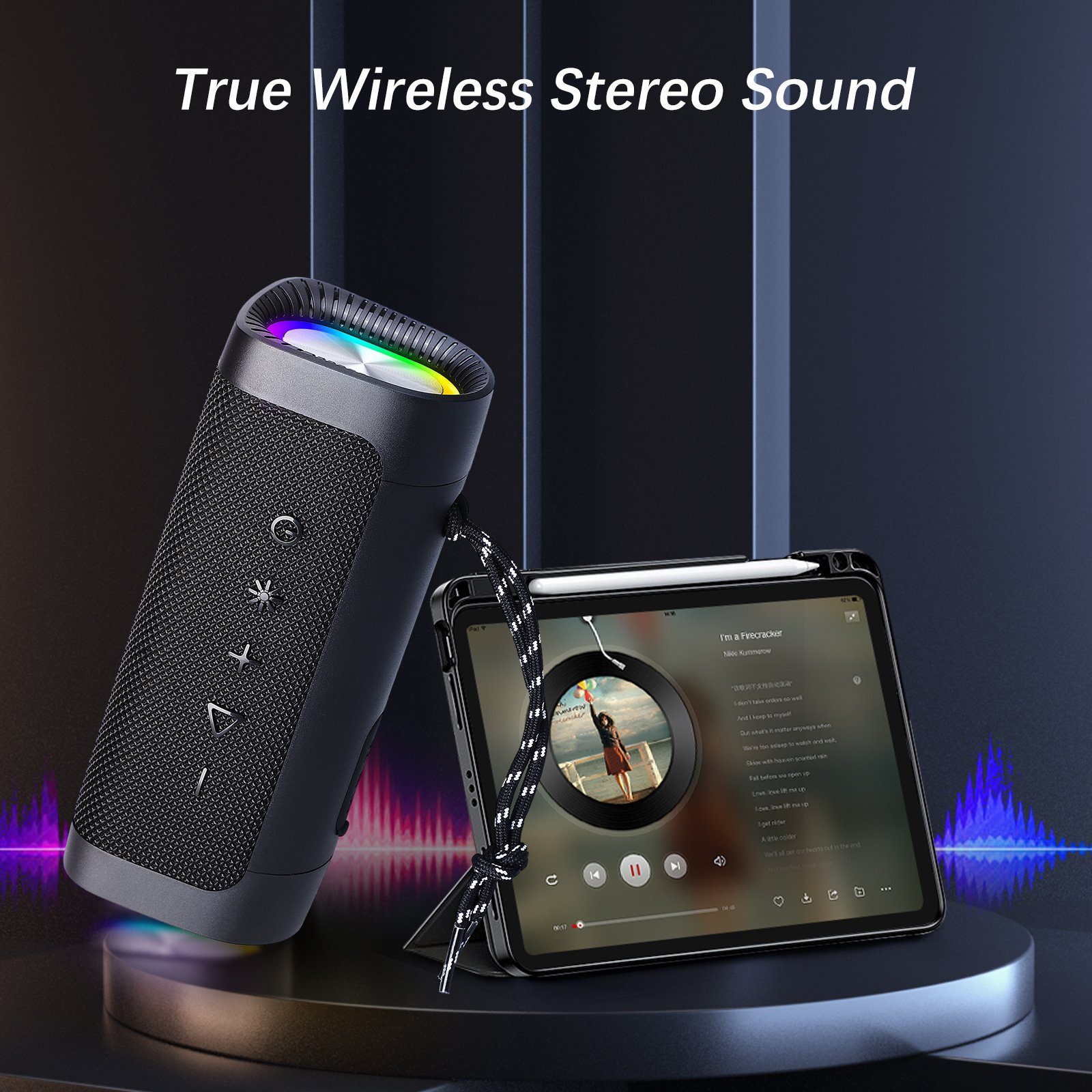 SEEZSSA Musikbox Tragbarer mit Licht IPX7 mit Stereoton, wasserdicht Bluetooth-Lautsprecher
