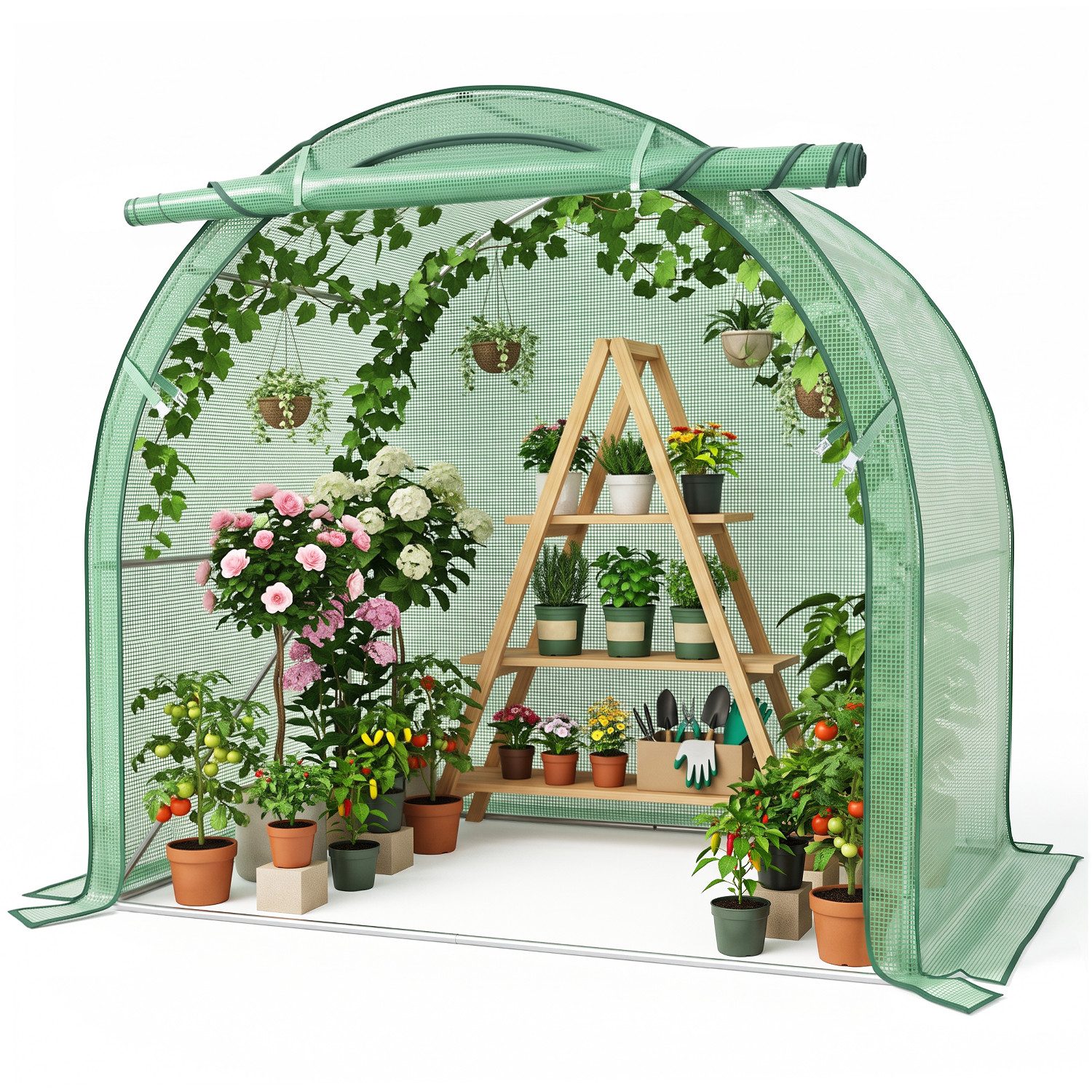 Sekey Foliengewächshaus Gewächshaus Runddach mit PE-Folie 3-Wege-Tür Tomatenhaus für Regale, 200x100x180cm für Balkon, Terrasse und Garten, Nutz- und Kübelpflanzen