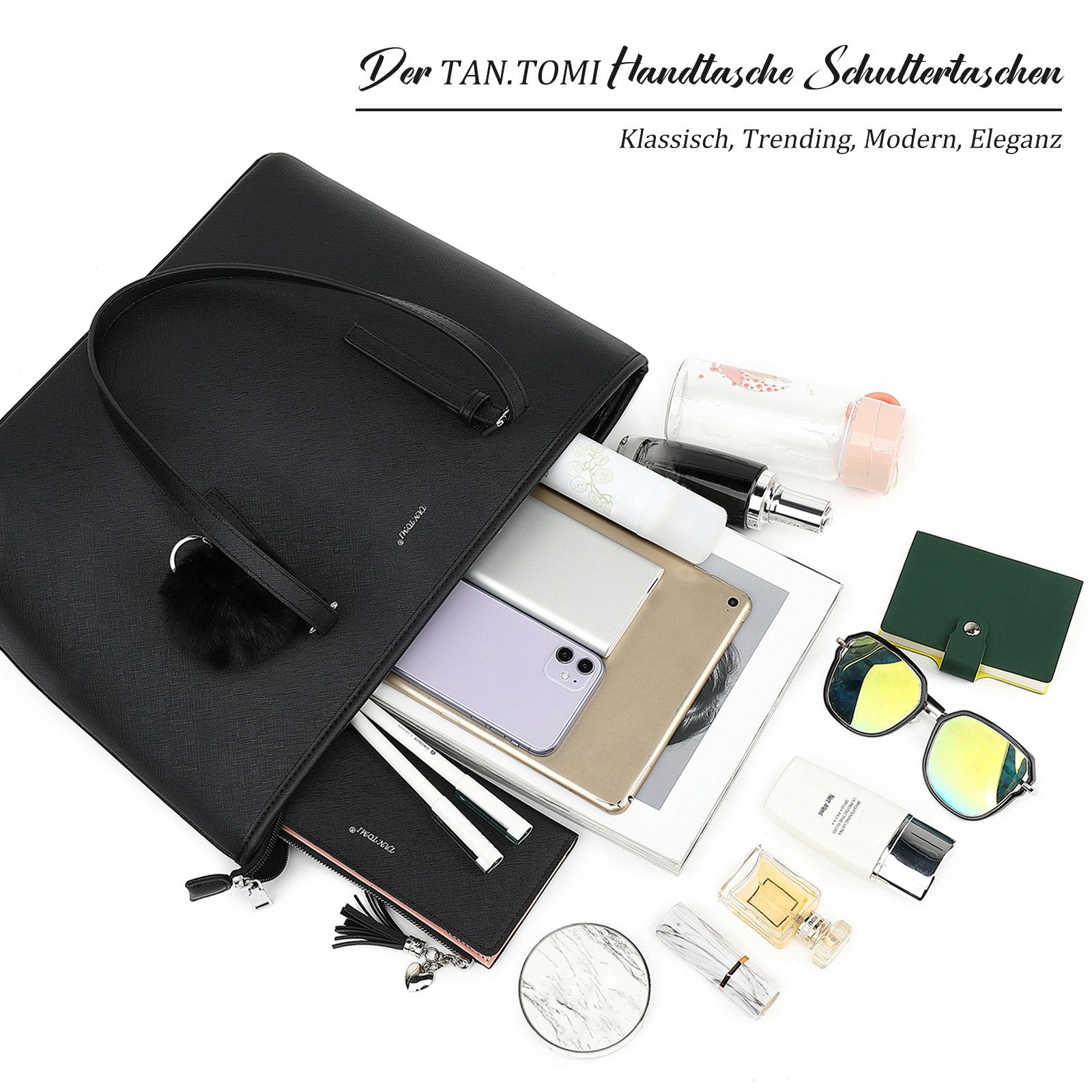 TAN.TOMI Shopper Handtasche Damen mit Geldbörse und Schlüsselanhänger, Groß Damen Handtasche, ​Geschenke für Frauen in schlichter Optik