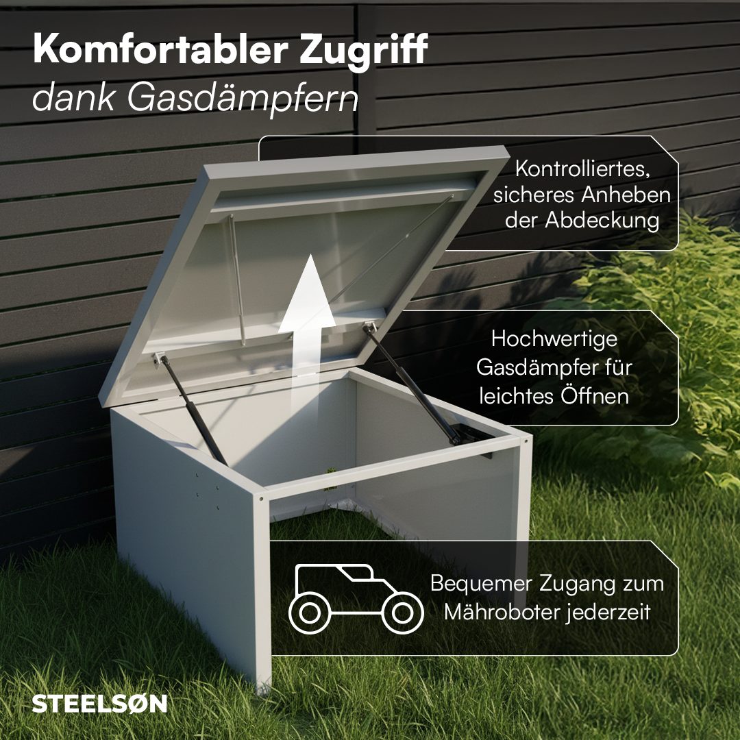 STEELSØN Mähroboter-Garage Drakon mit aufklappbarem Pultdach, BxTxH: 77x90x53,5 cm, für gängige Rasenmähroboter, (Silber, Mähroboterhaus aus Metall, wetterfest), Rasenmäher Unterstand, mit Kabeldurchlass