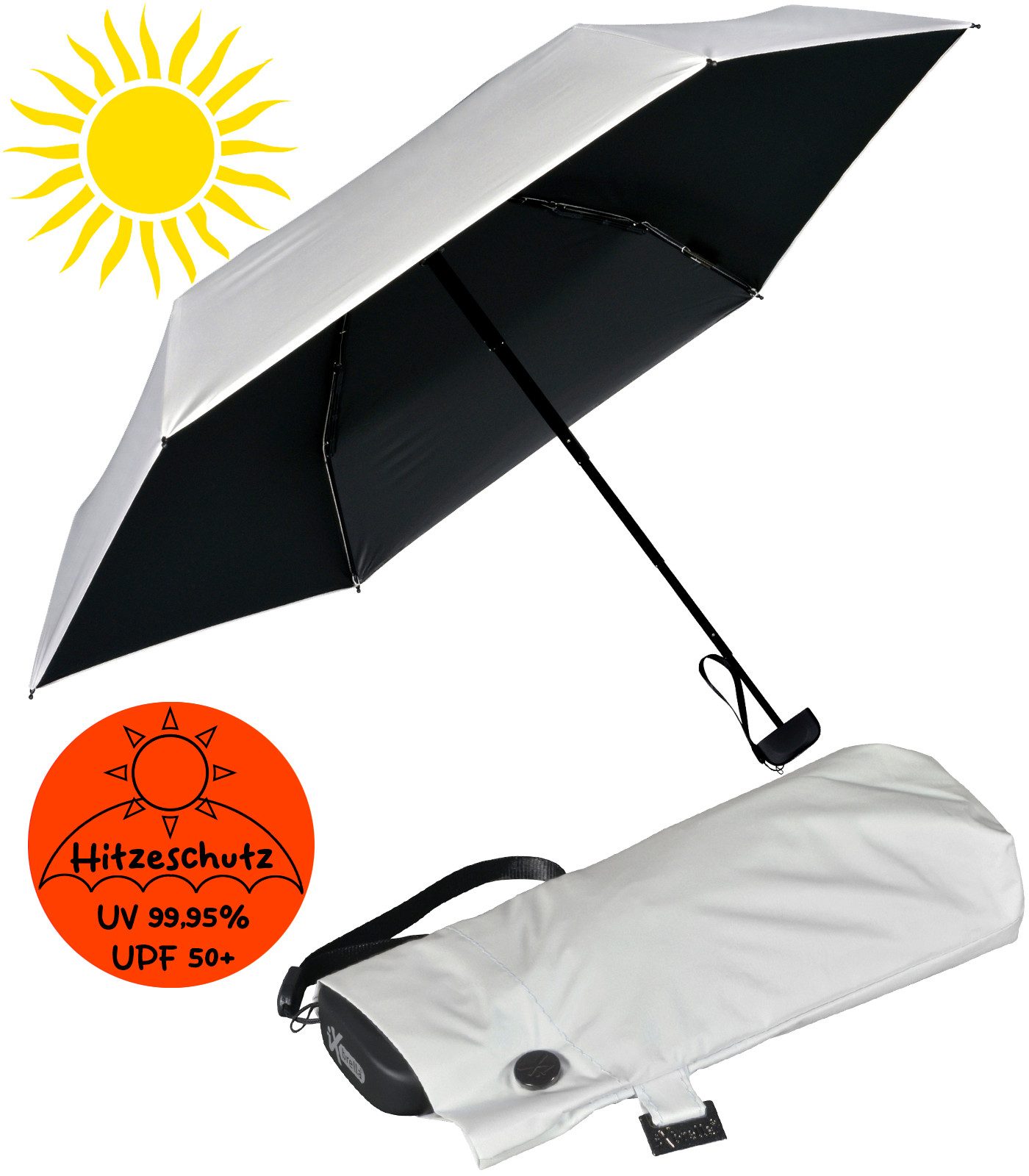 iX-brella Taschenregenschirm Sonnen-Regenschirm mit UPF 50+, UV-Hitze-Schutz, winzig klein, mit Handöffner, innen schwarz