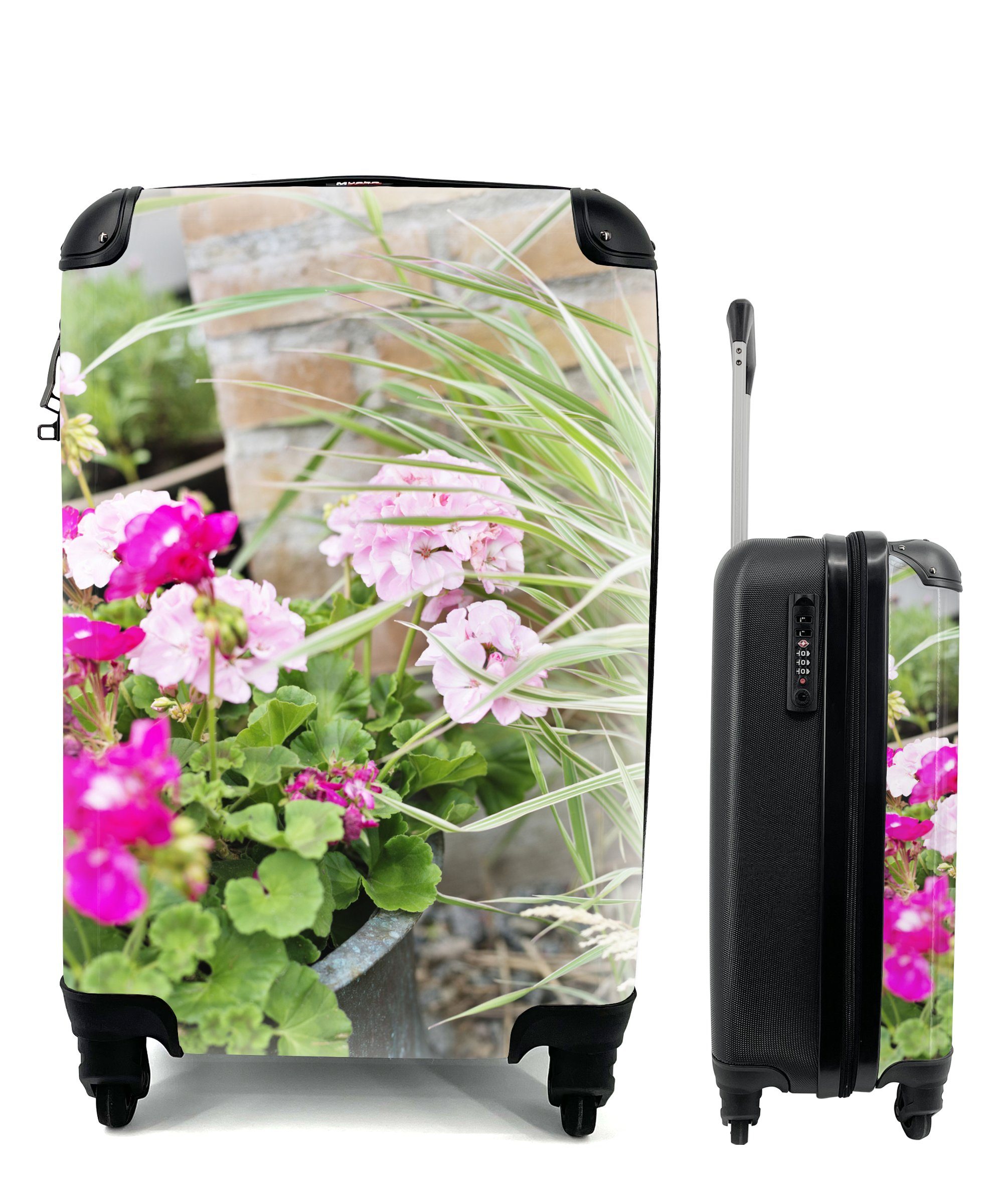 4 Reisetasche rollen, Handgepäck Trolley, MuchoWow Reisekoffer Topf, für einem Ferien, mit Geranien Handgepäckkoffer Rollen, Rosa in