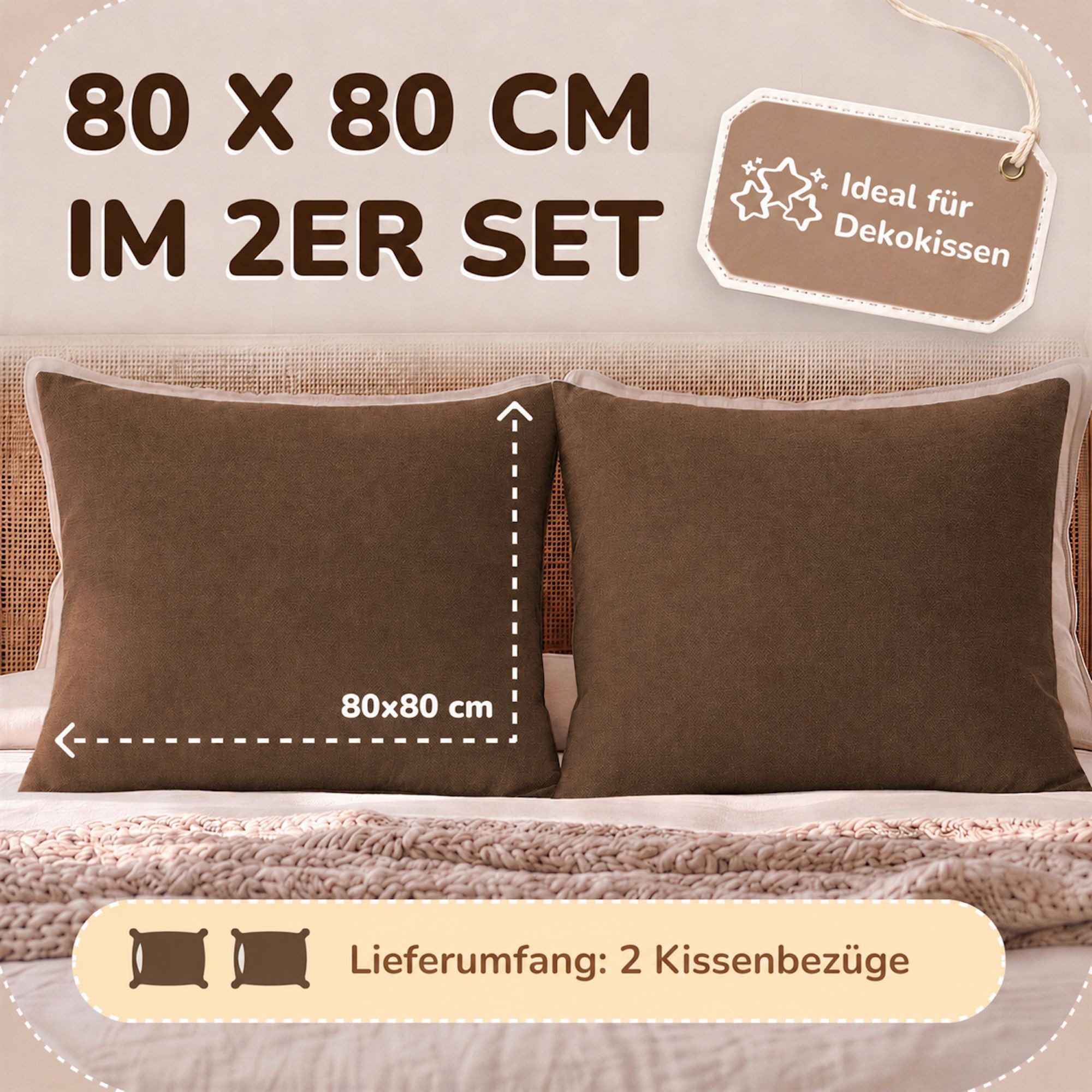 leevitex® Kissenbezüge Kissenbezug 80 x 80 cm, 2er Set, Schokobraun/Dunkelbraun, (2 Stück), feine Jersey-Qualität, 100% Baumwolle, robuster Reißverschluss