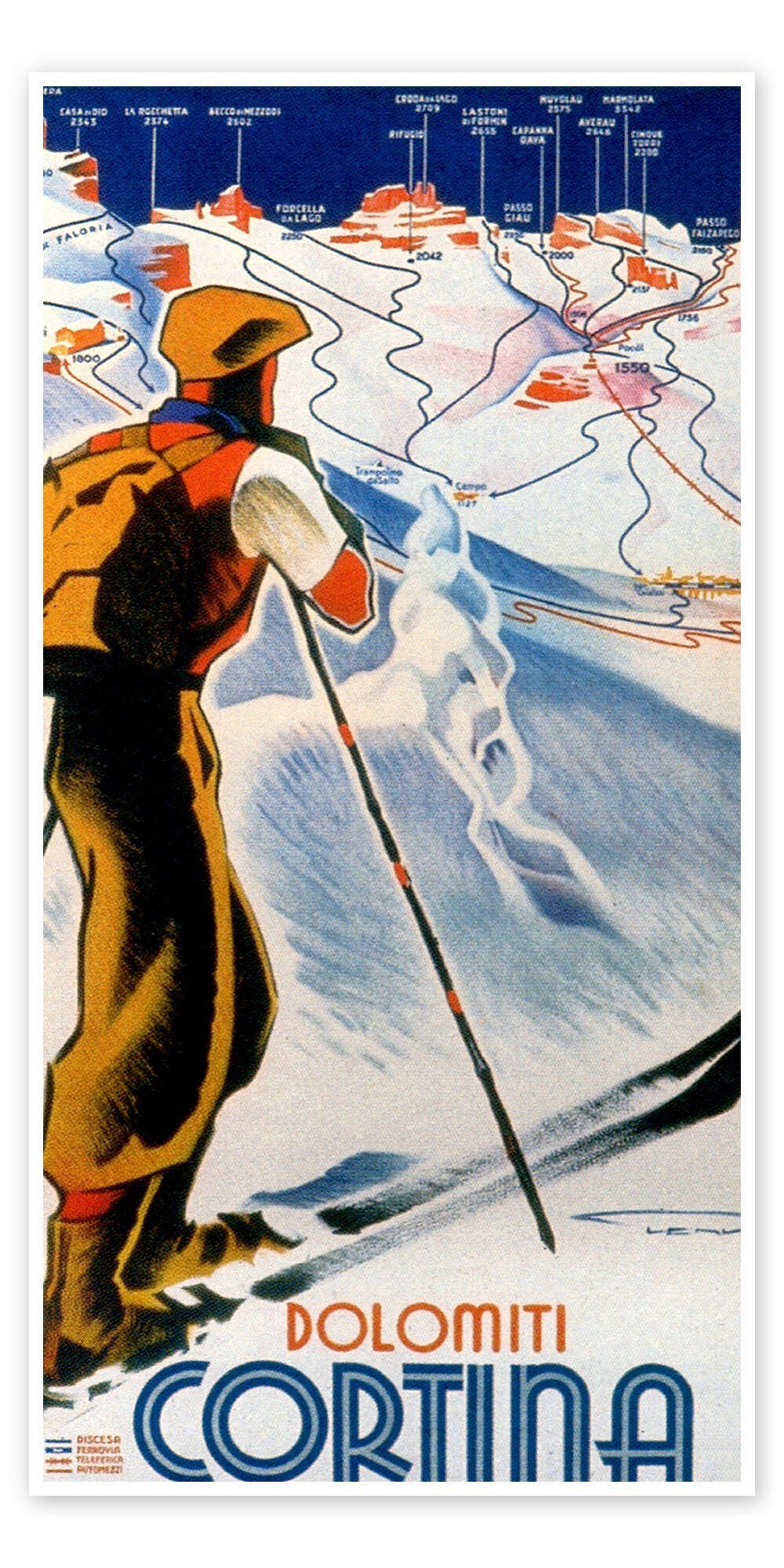 Posterlounge Poster Vintage Ski Collection, Skifahren in Cortina, Dolomiten, Vintage Illustration